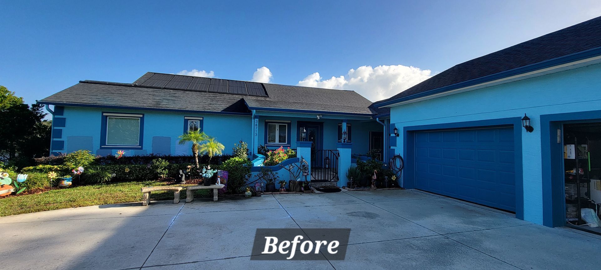 A before and after photo of a blue house with a garage door.