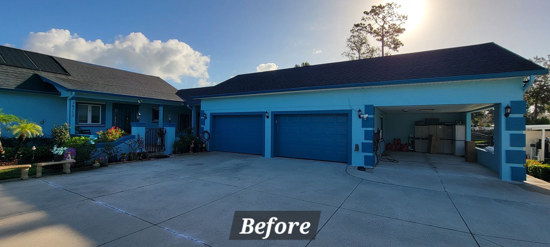 A before and after photo of a house with blue garage doors.