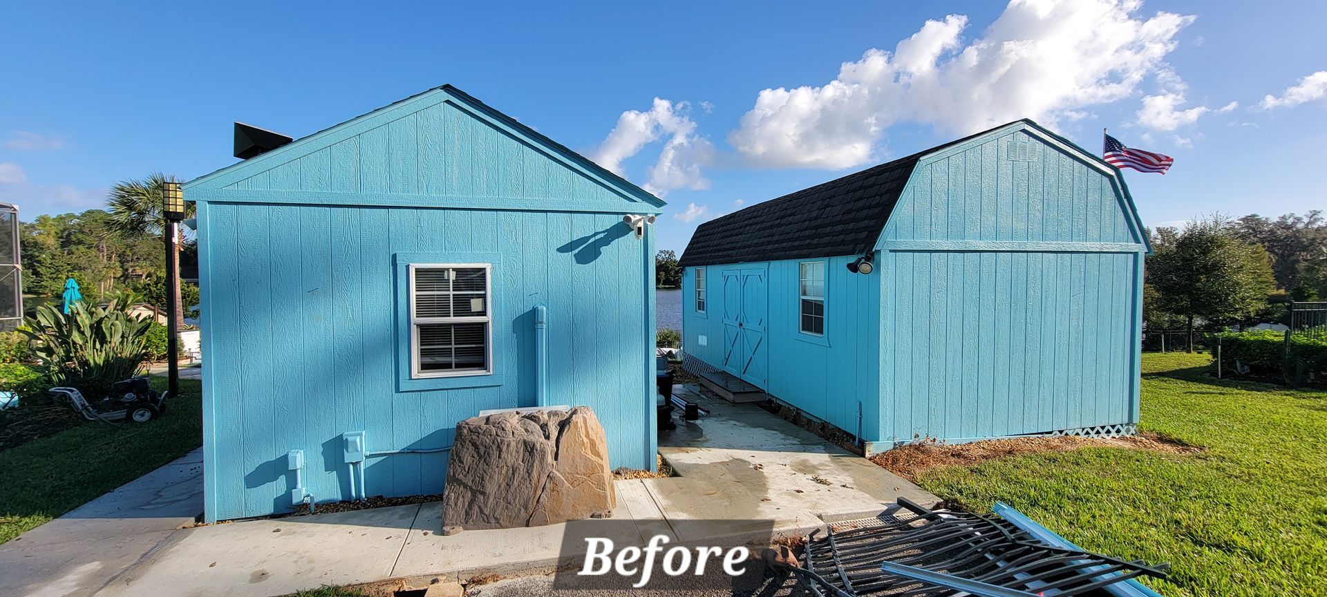 A before and after photo of a blue house.