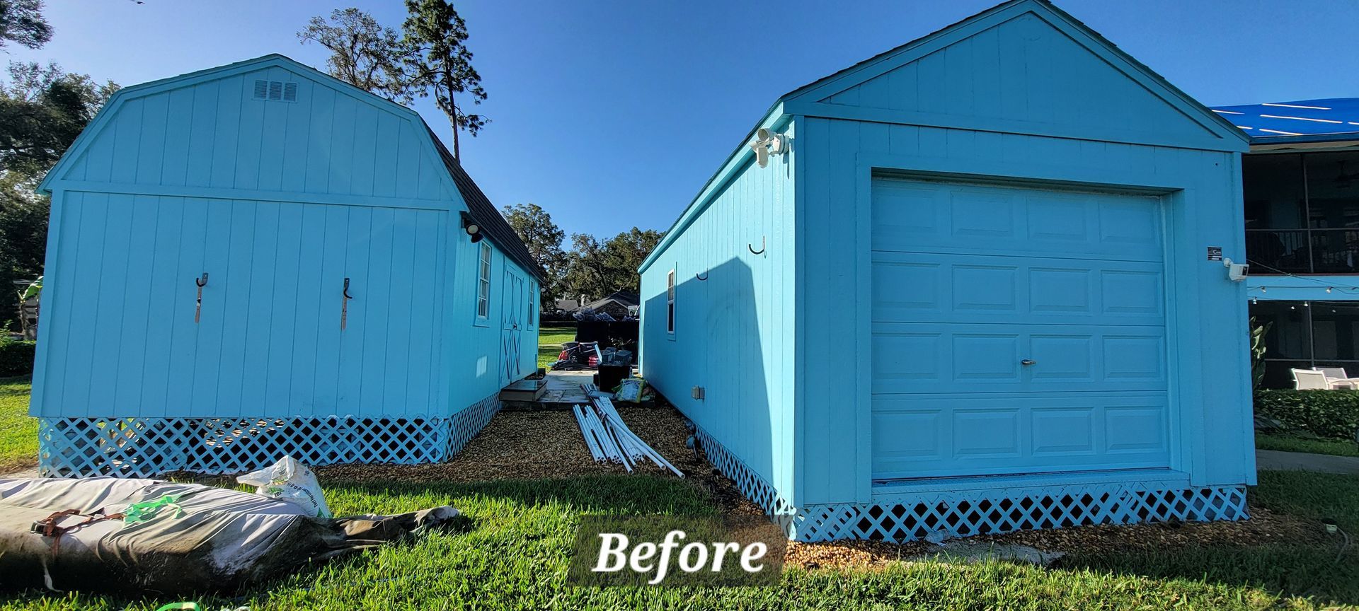A before and after picture of a blue garage.