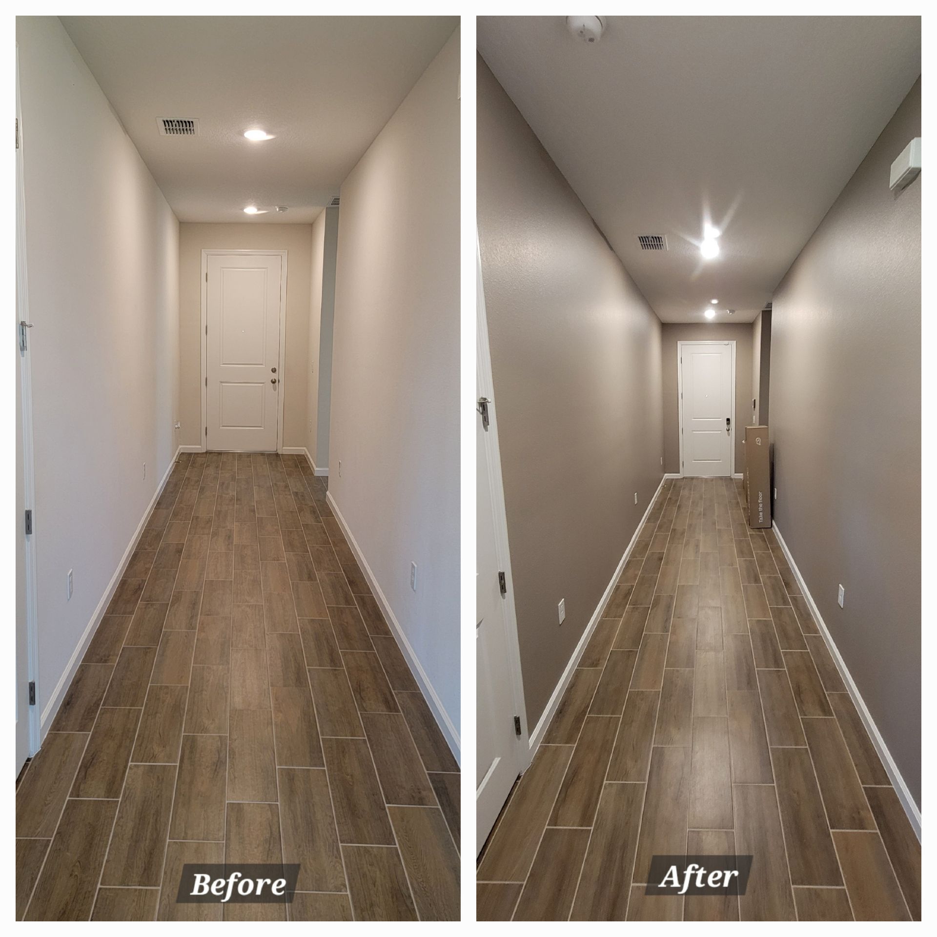 A before and after photo of a hallway with tile floors