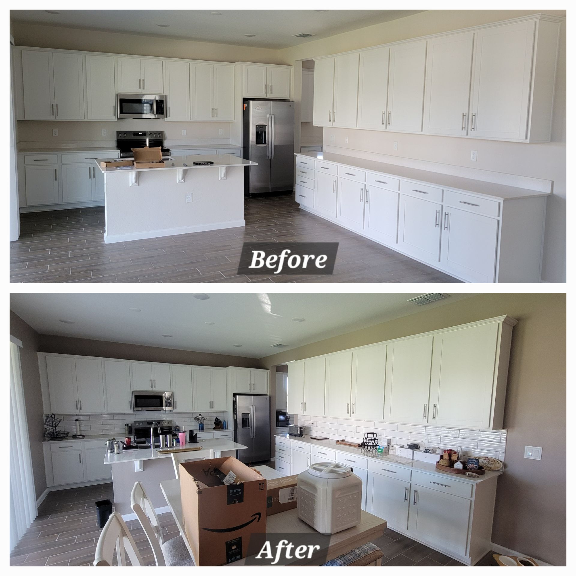A before and after photo of a kitchen with white cabinets