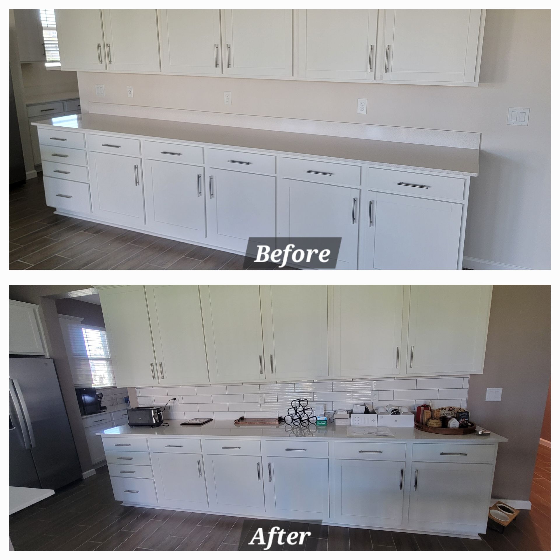 A before and after photo of a kitchen with white cabinets.