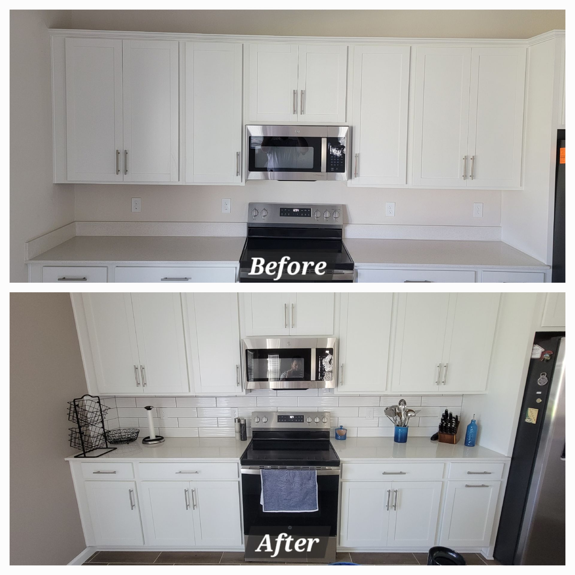 A before and after photo of a kitchen with white cabinets