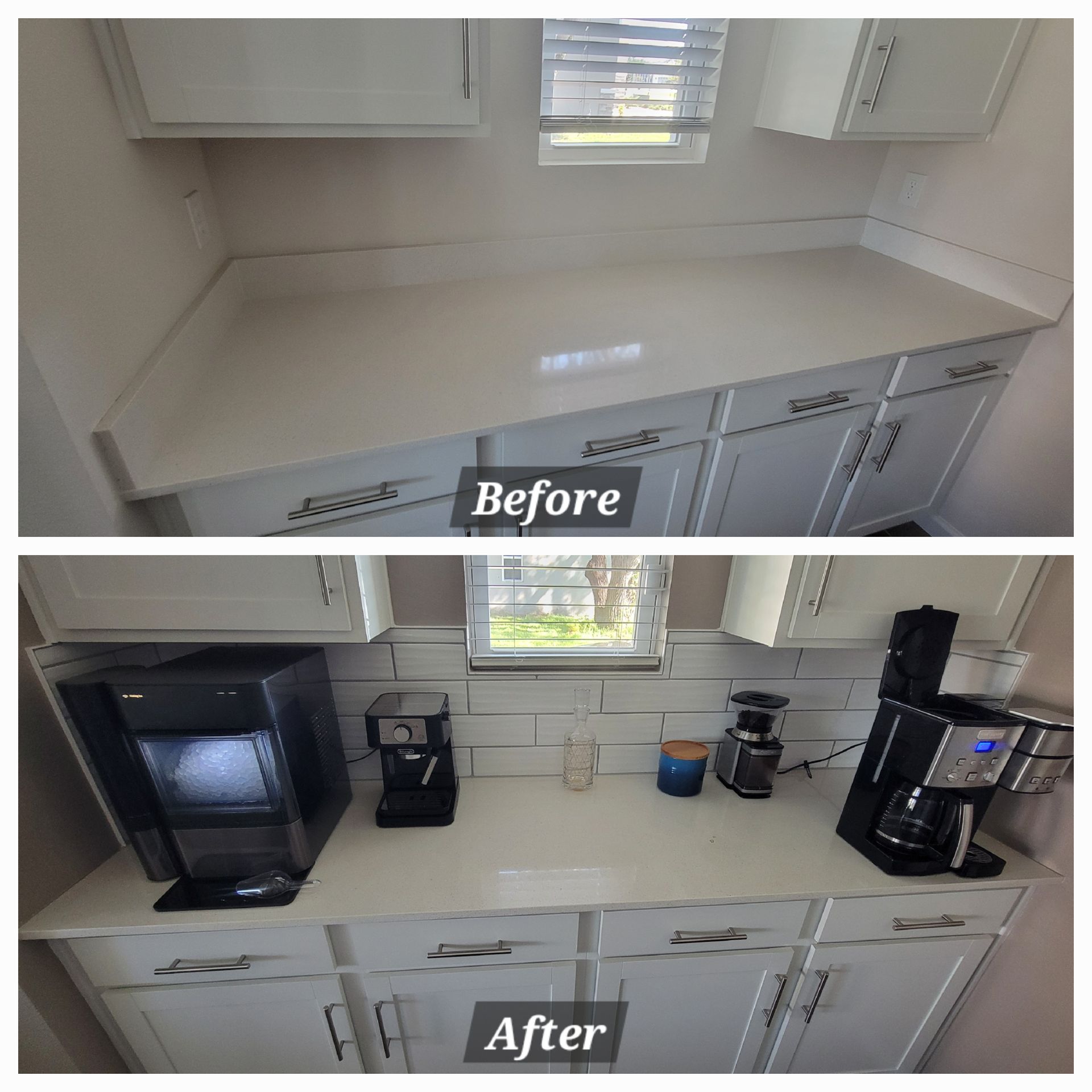 A before and after photo of a kitchen with white cabinets and white counter tops.