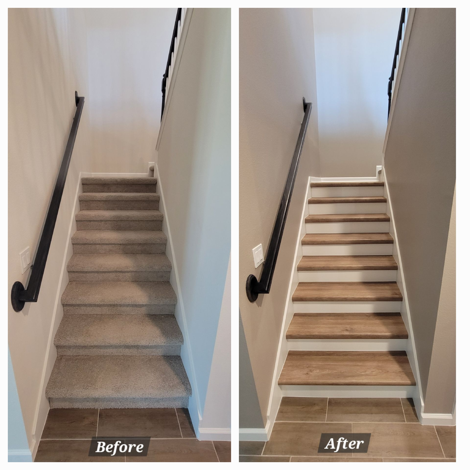 A before and after photo of a staircase with carpet and wooden steps.