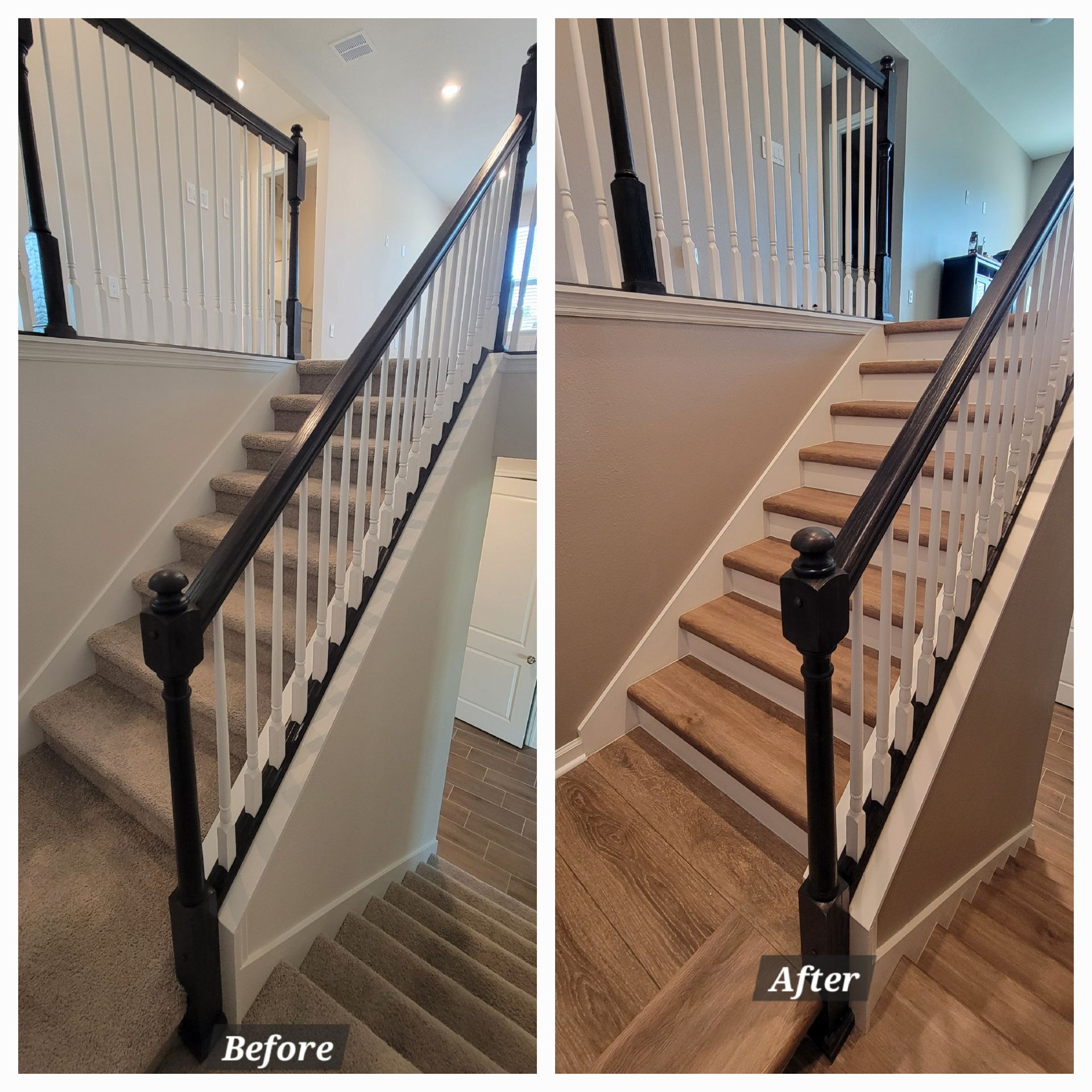 A before and after photo of a staircase with a black railing and wooden steps.