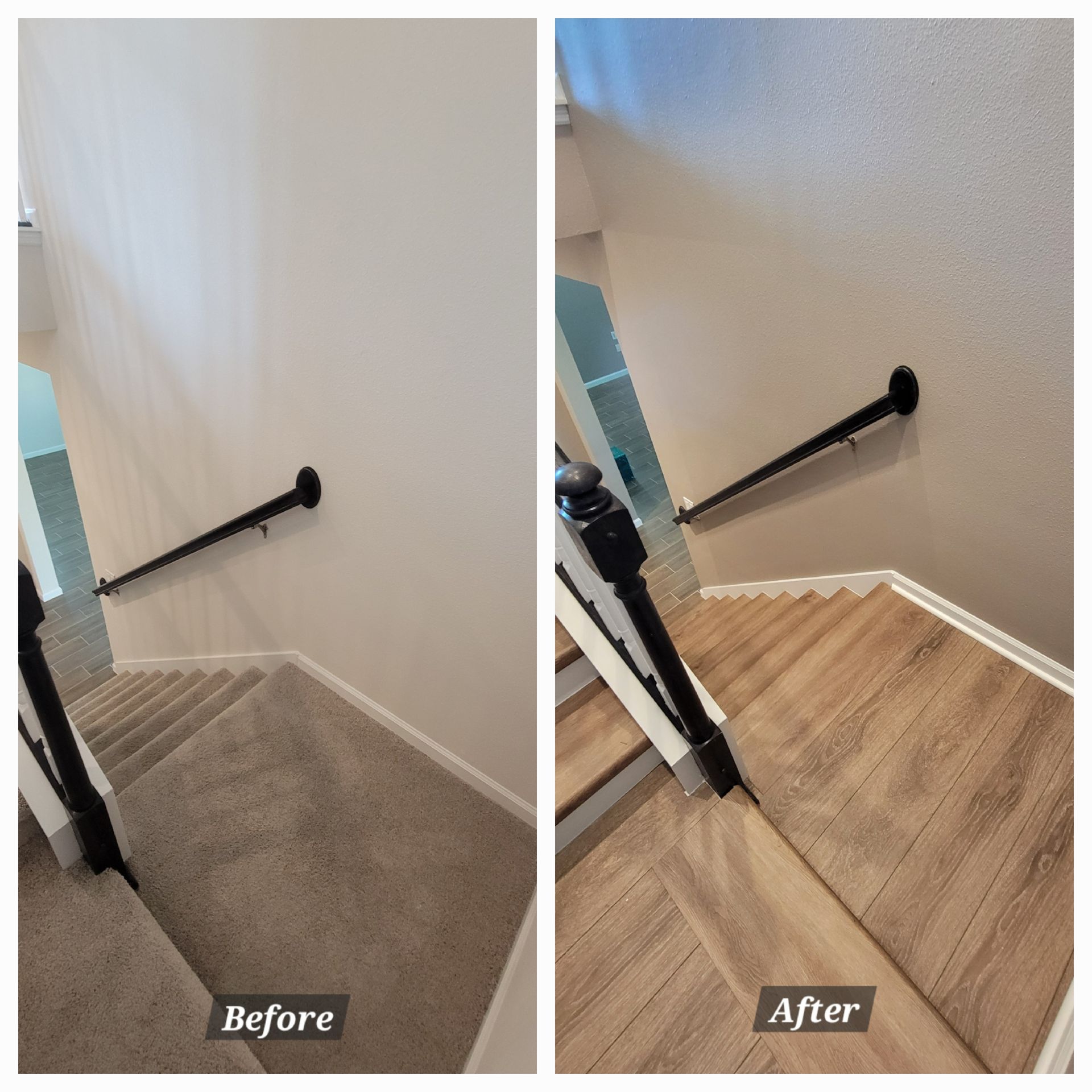 A before and after photo of a staircase with carpet and wooden steps.