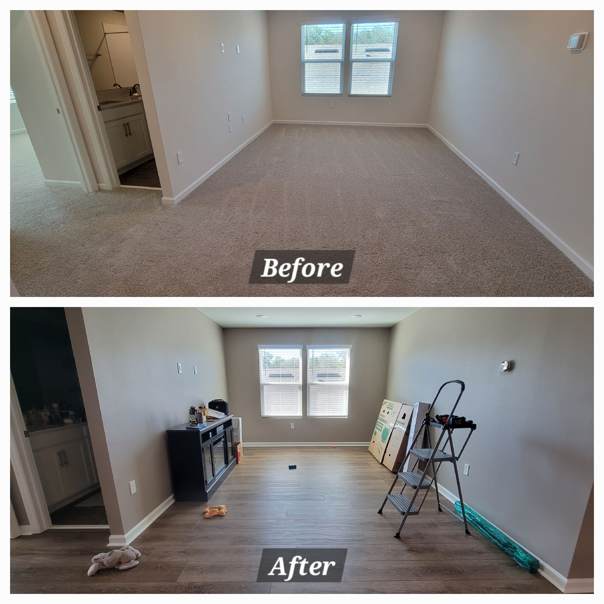 A before and after photo of a living room with carpet and hardwood floors.