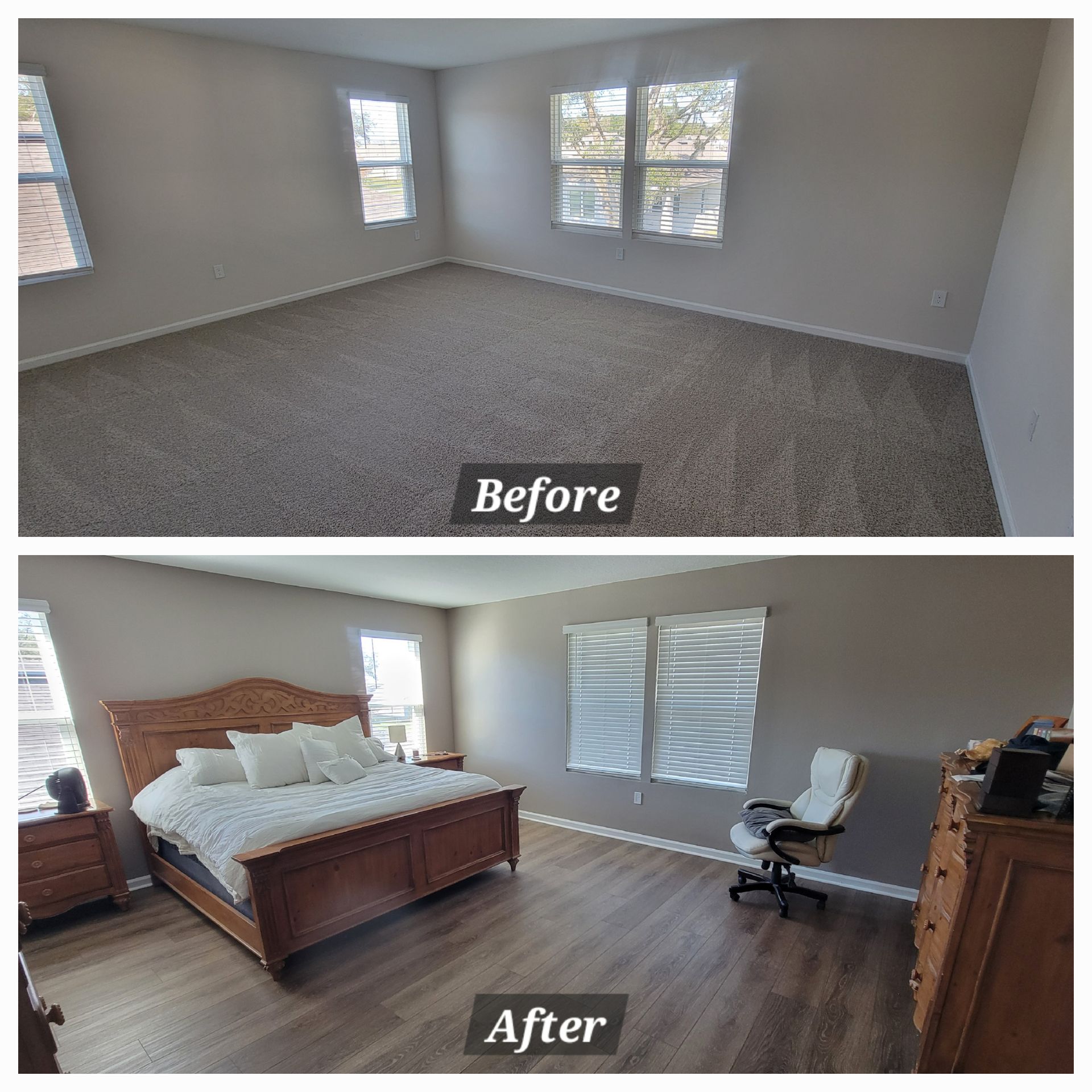 A before and after photo of a bedroom with carpet and hardwood floors.