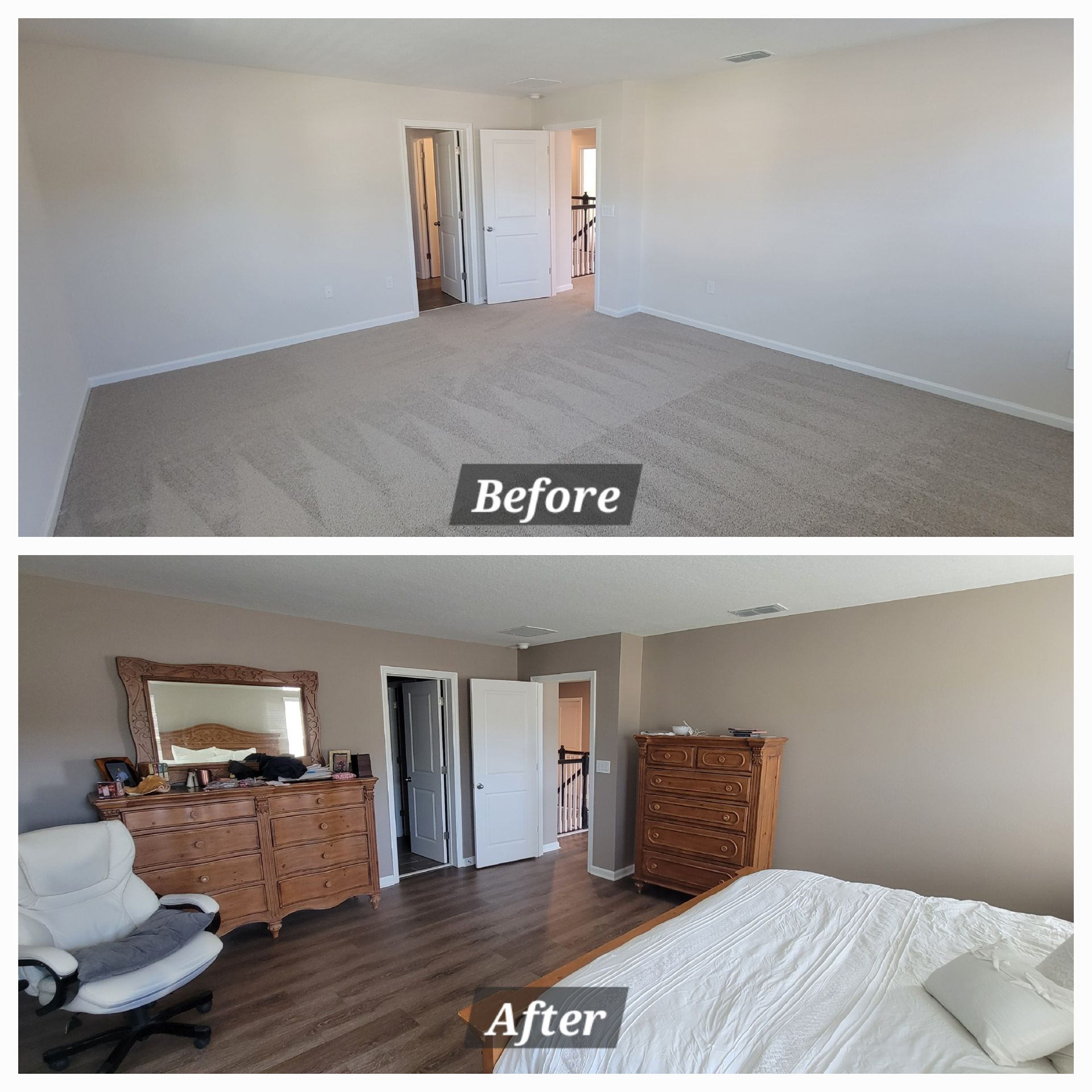 A before and after photo of a bedroom.