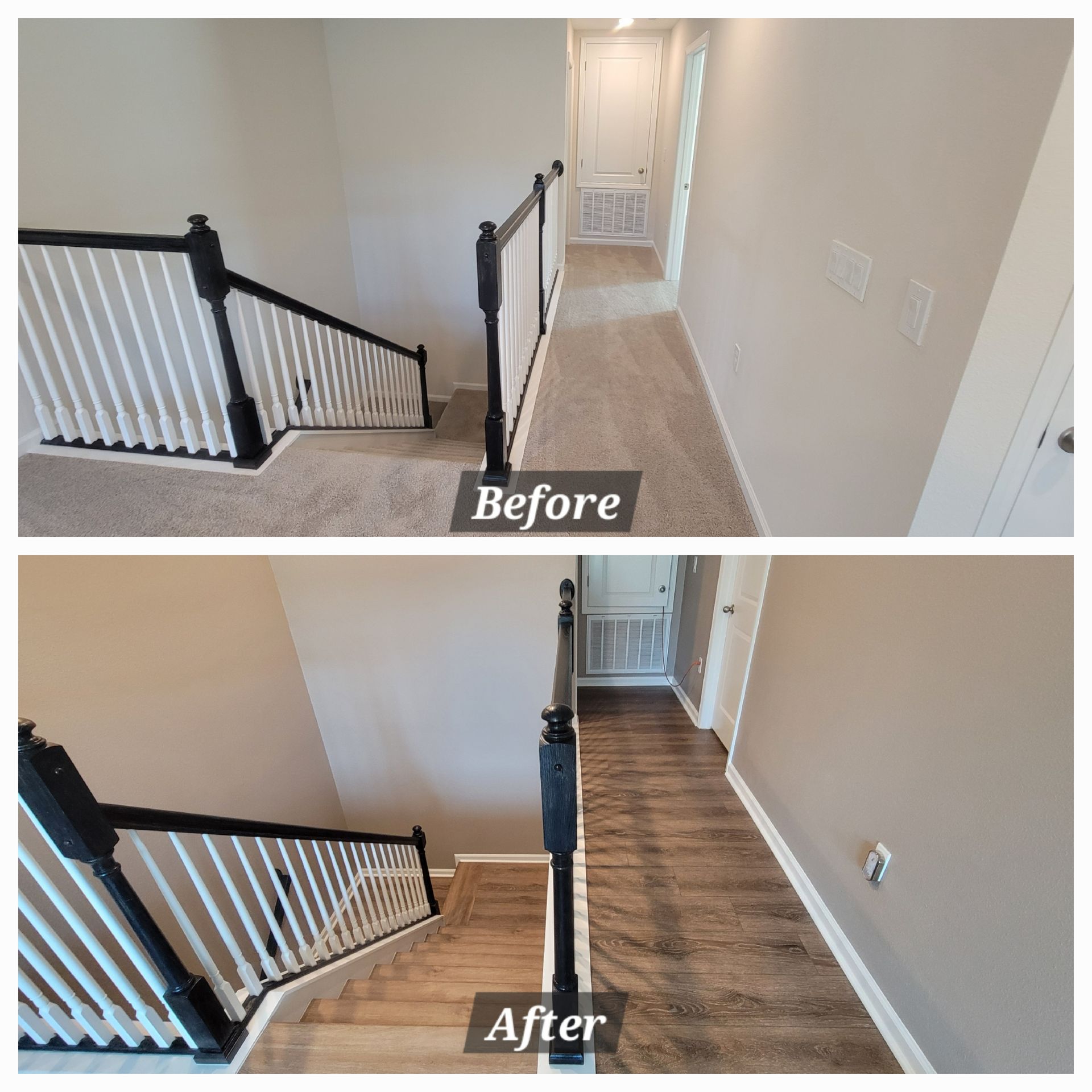 A before and after photo of a staircase in a house.