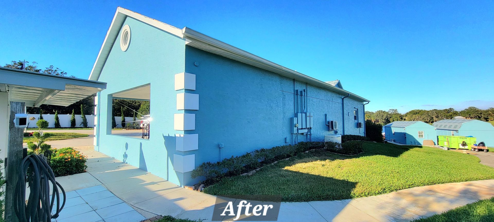 A picture of a house before and after being painted blue.