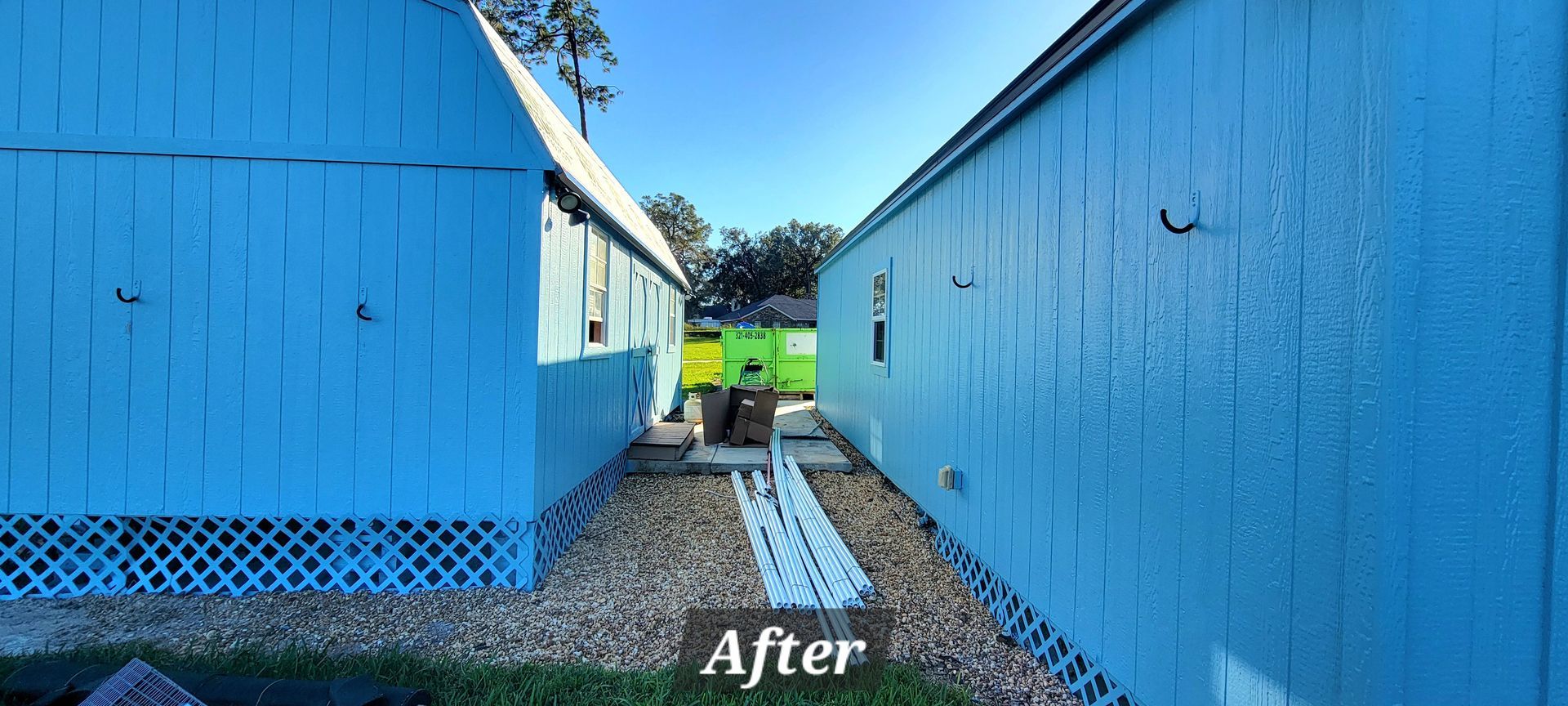 A picture of a house before and after being painted blue.
