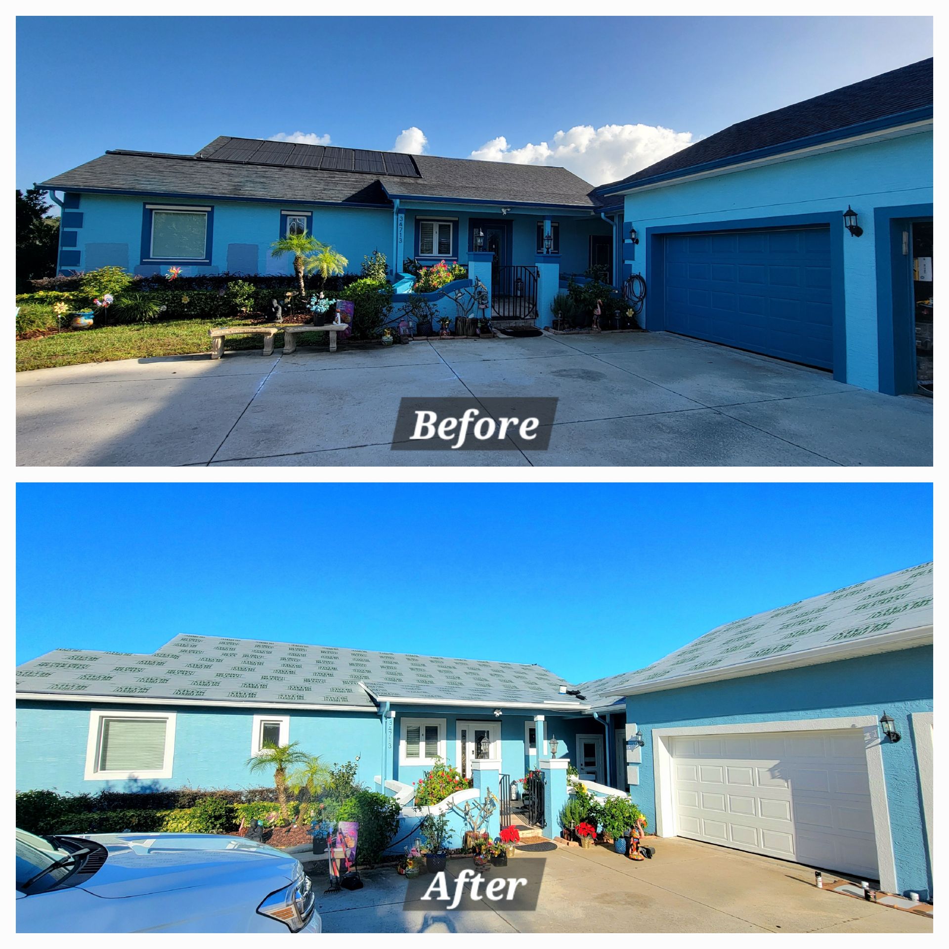 A before and after picture of a blue house