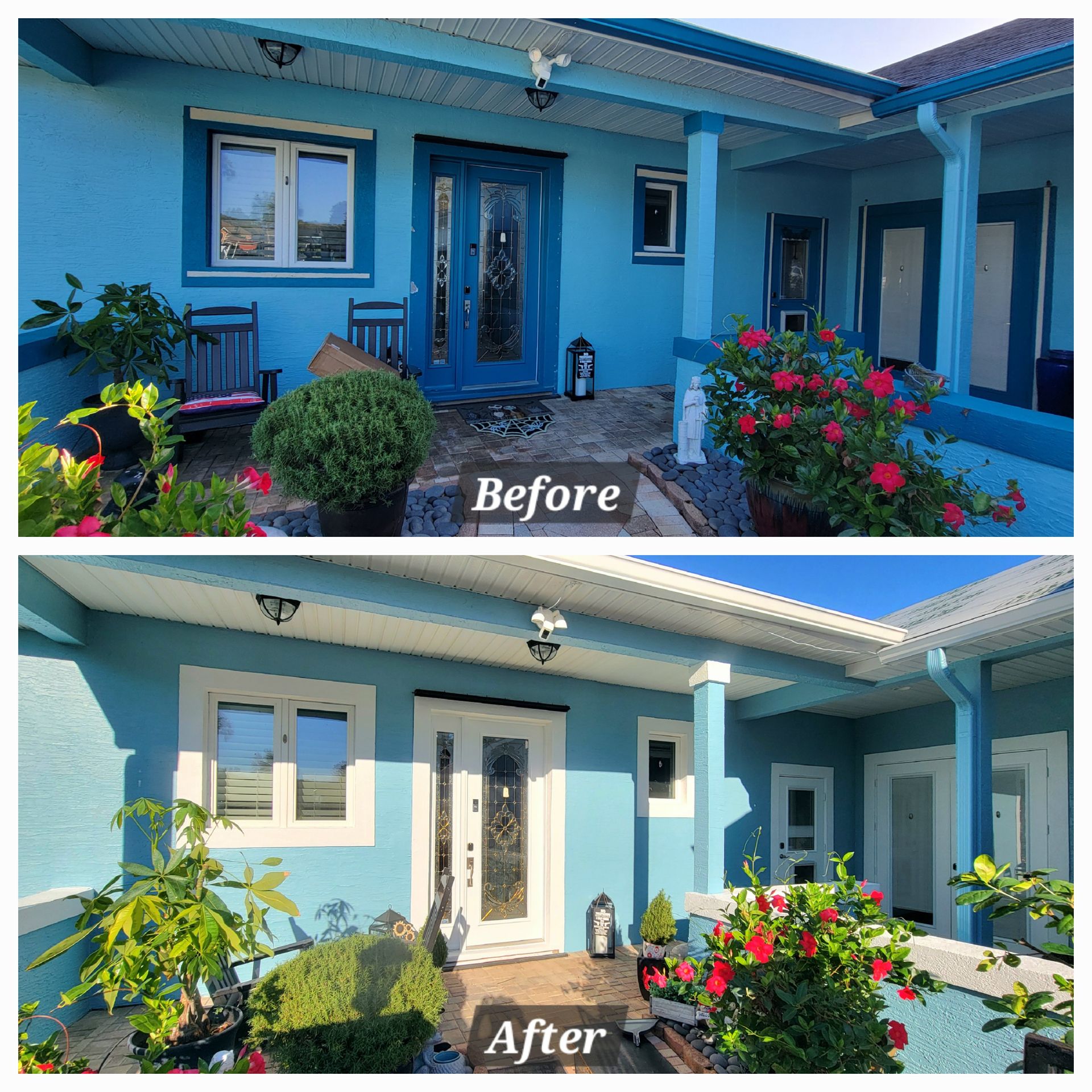 A before and after picture of a blue house.