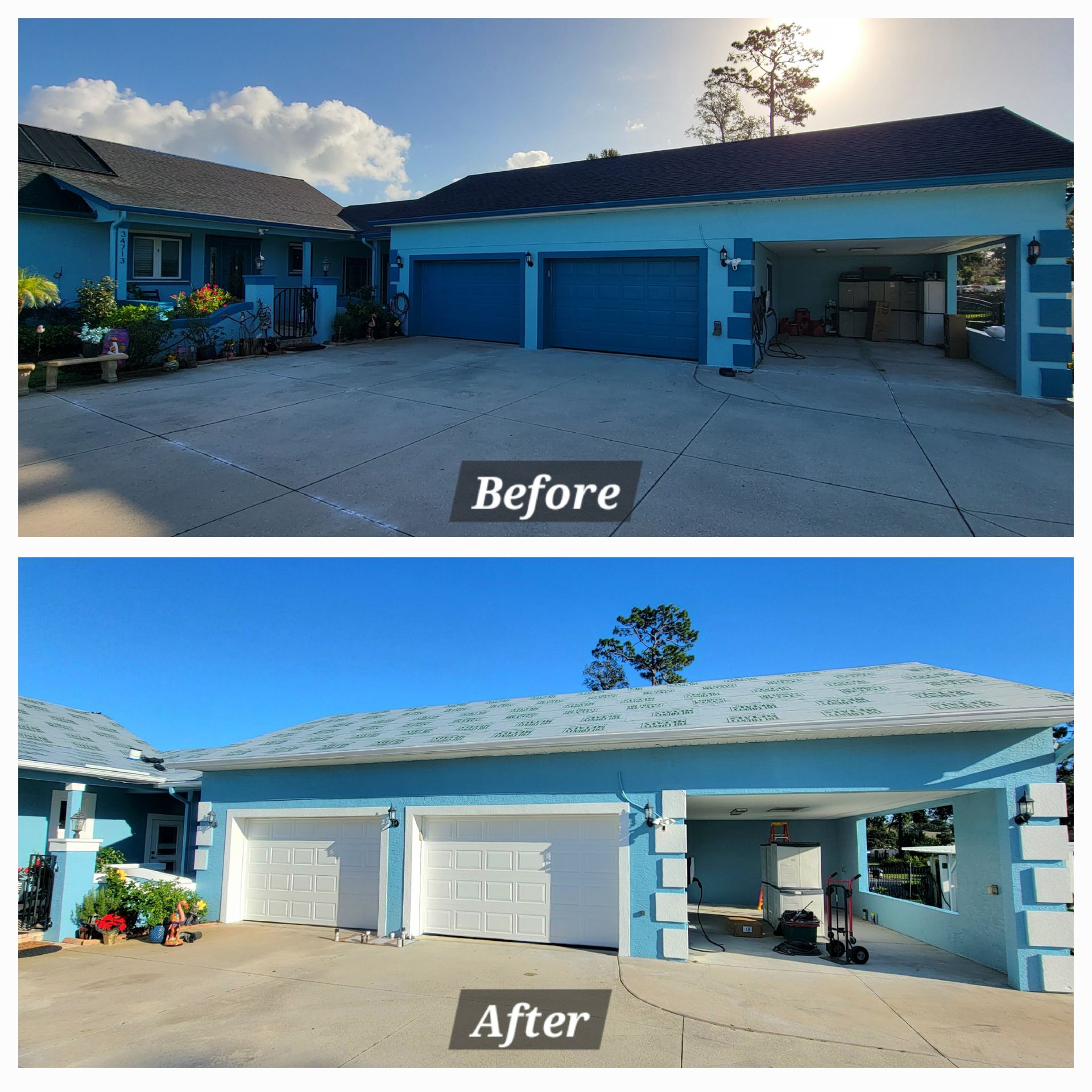 A before and after photo of a blue house