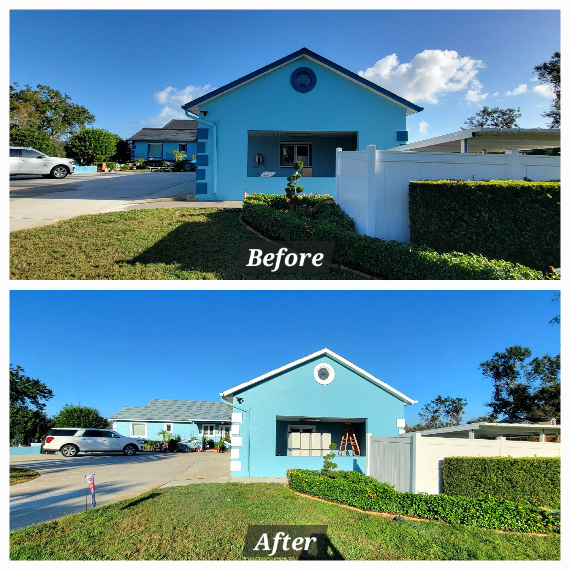 A before and after photo of a blue house painted white.