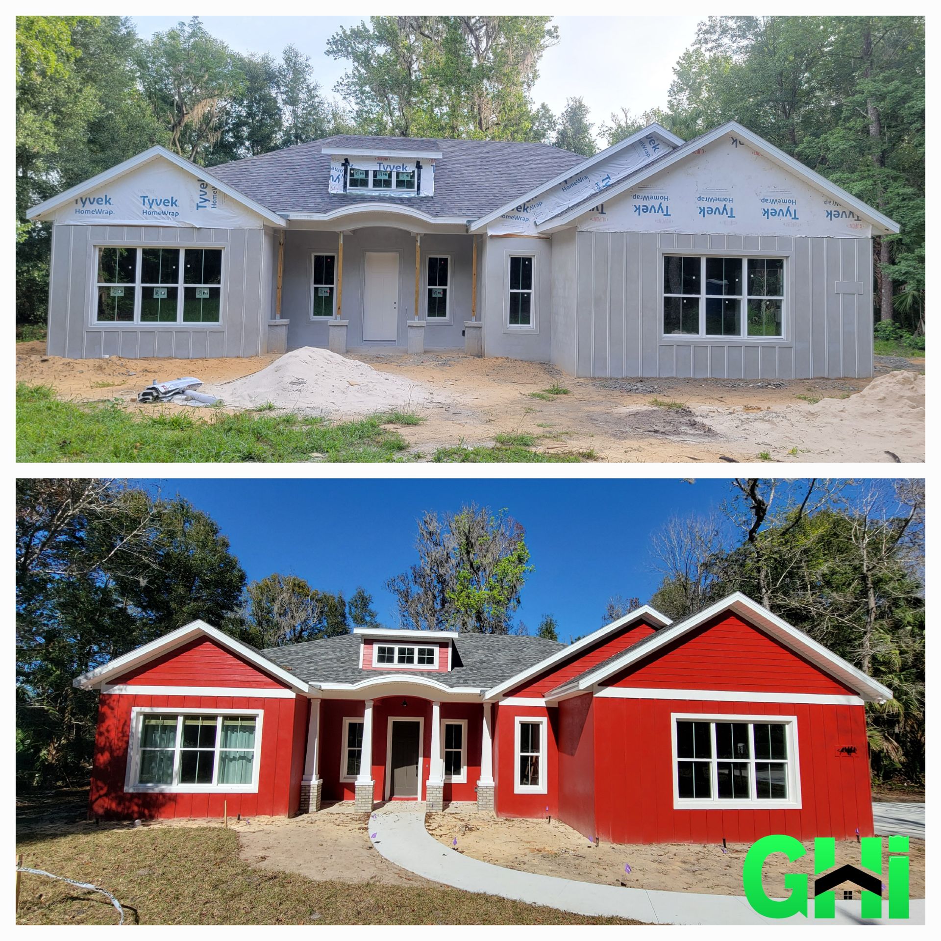 A before and after picture of a house being built