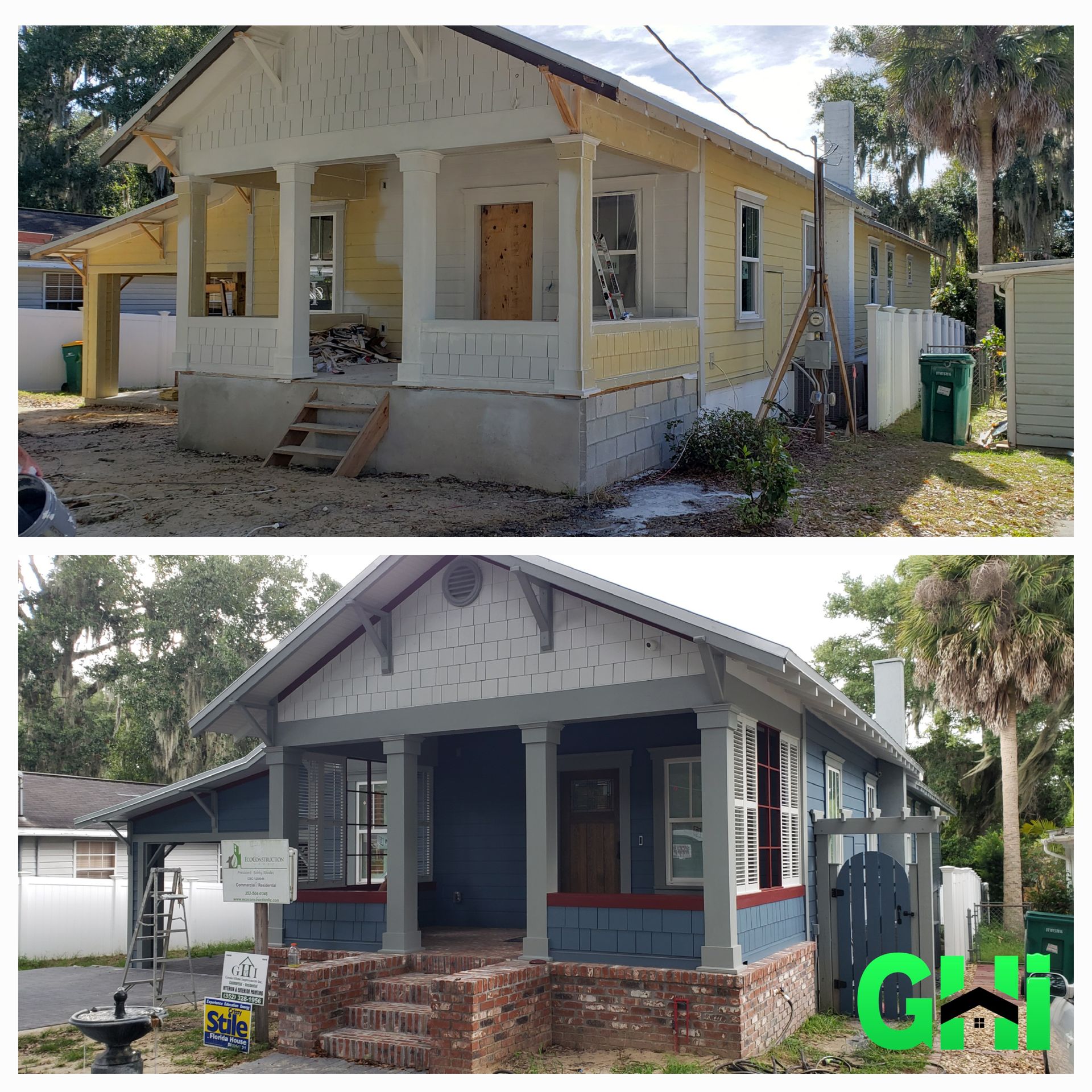 A before and after picture of a house being remodeled