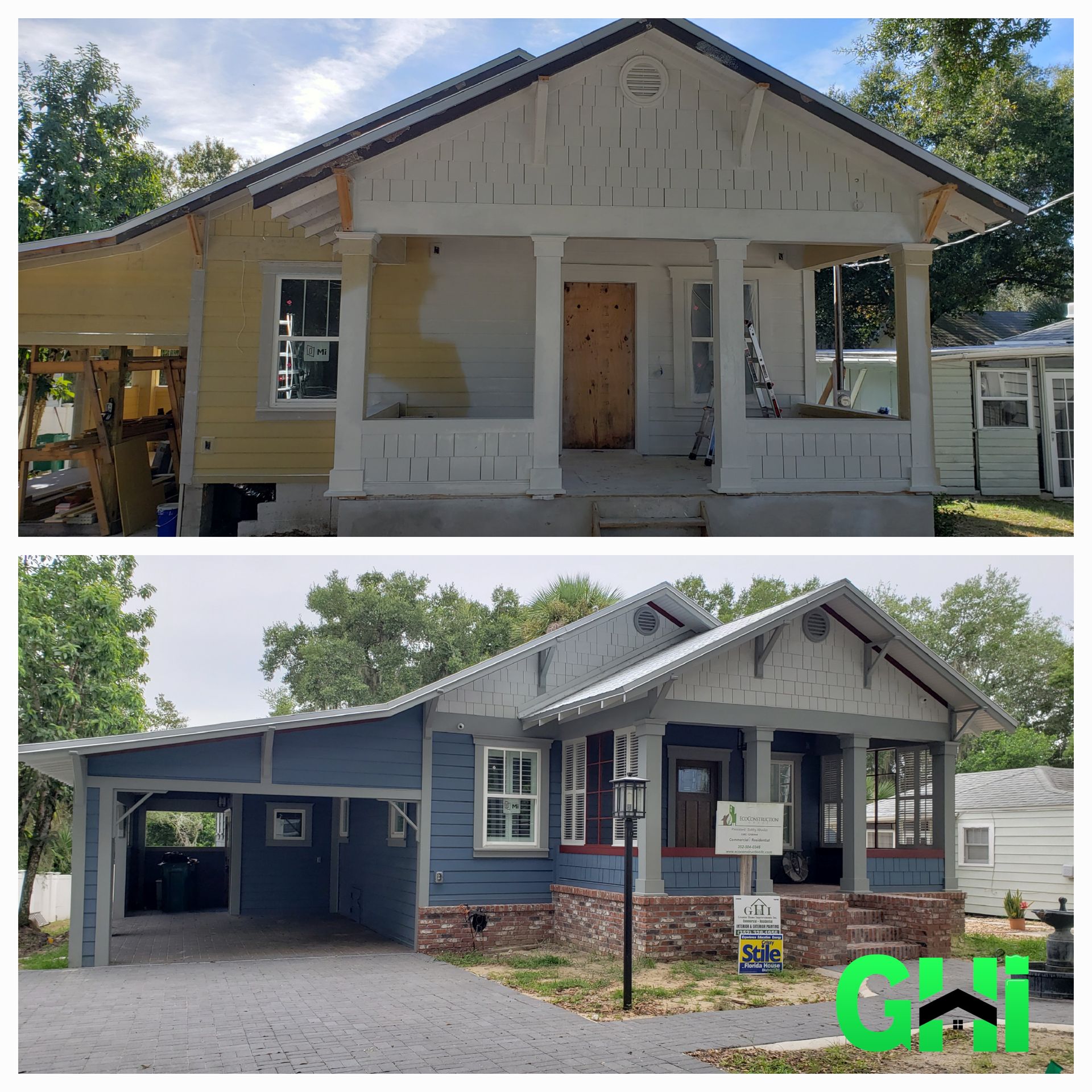 A before and after picture of a house being remodeled.