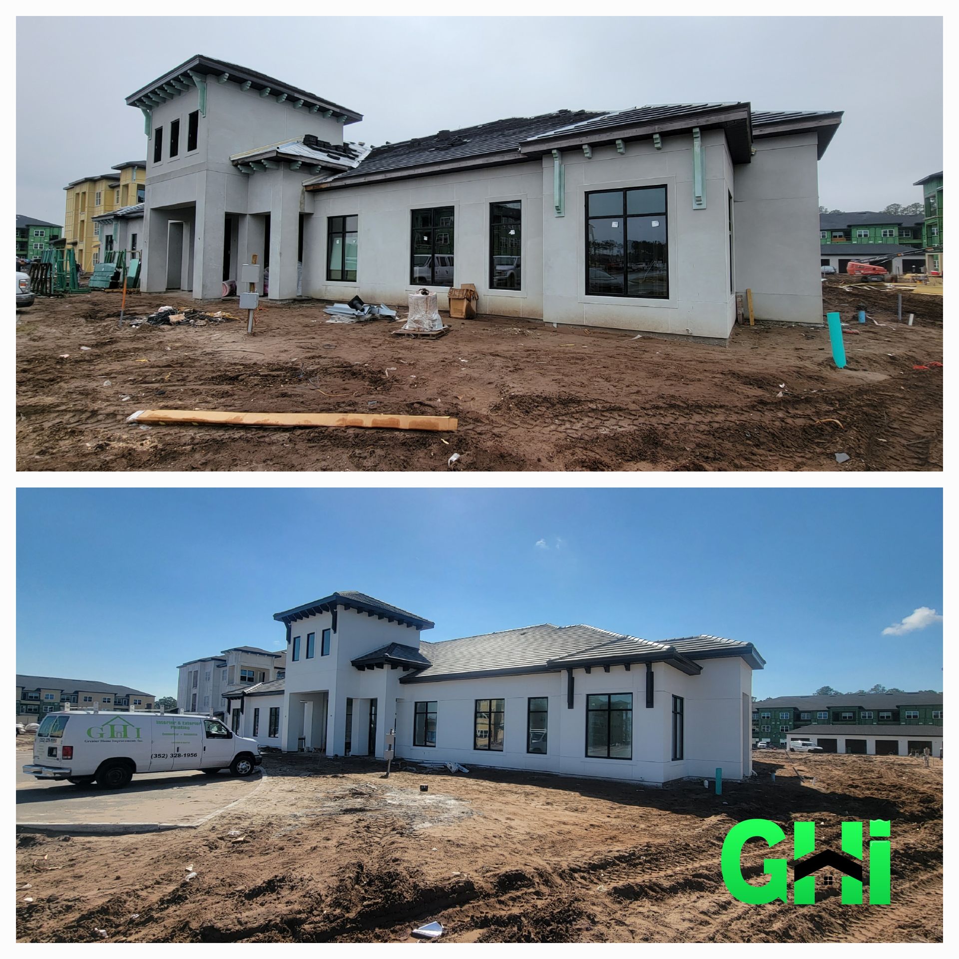 A before and after picture of a house under construction.