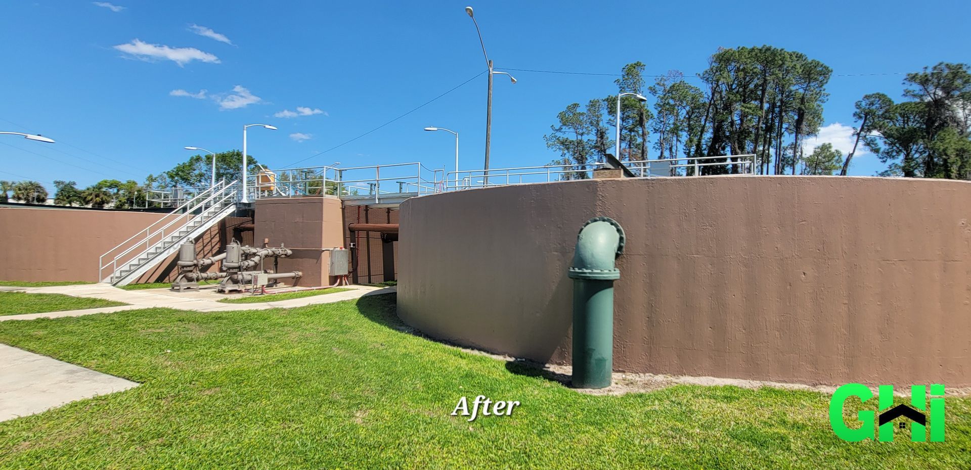A picture of a water treatment plant before and after being painted.