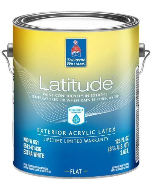 Sherwin-Williams Latitude paint can with blue, yellow and white gradient, exterior acrylic latex, flat finish.