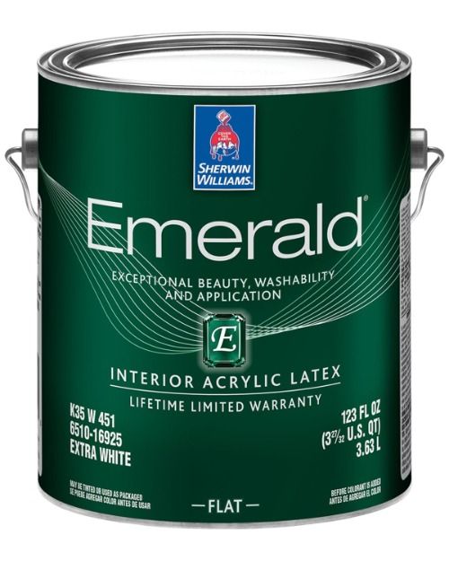 A can of Sherwin-Williams Emerald interior paint in Extra White, flat finish.