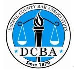 The logo for the depage county bar association has a torch and scales of justice.