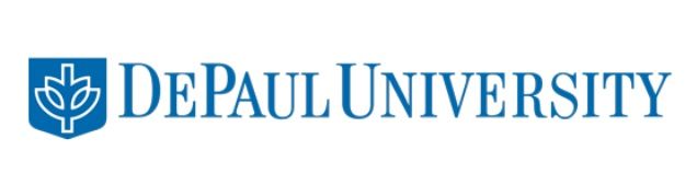 The logo for depaul university is blue and white
