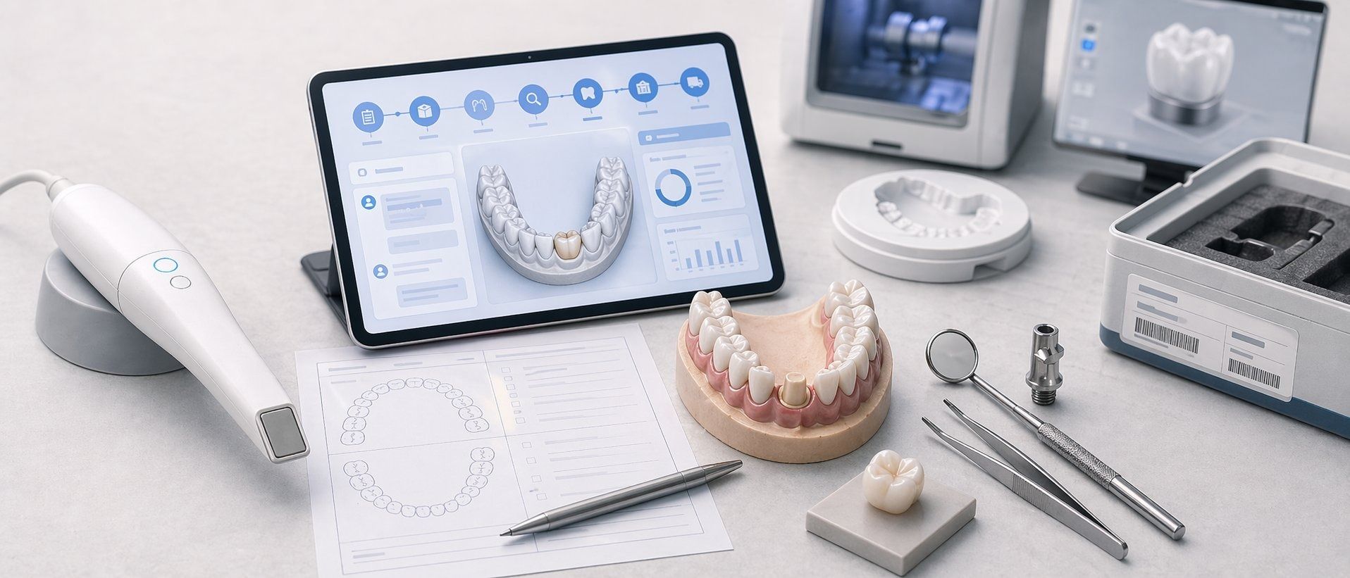 Dental lab workflow flat-lay with intraoral scanner, tablet case portal, typodont, and more