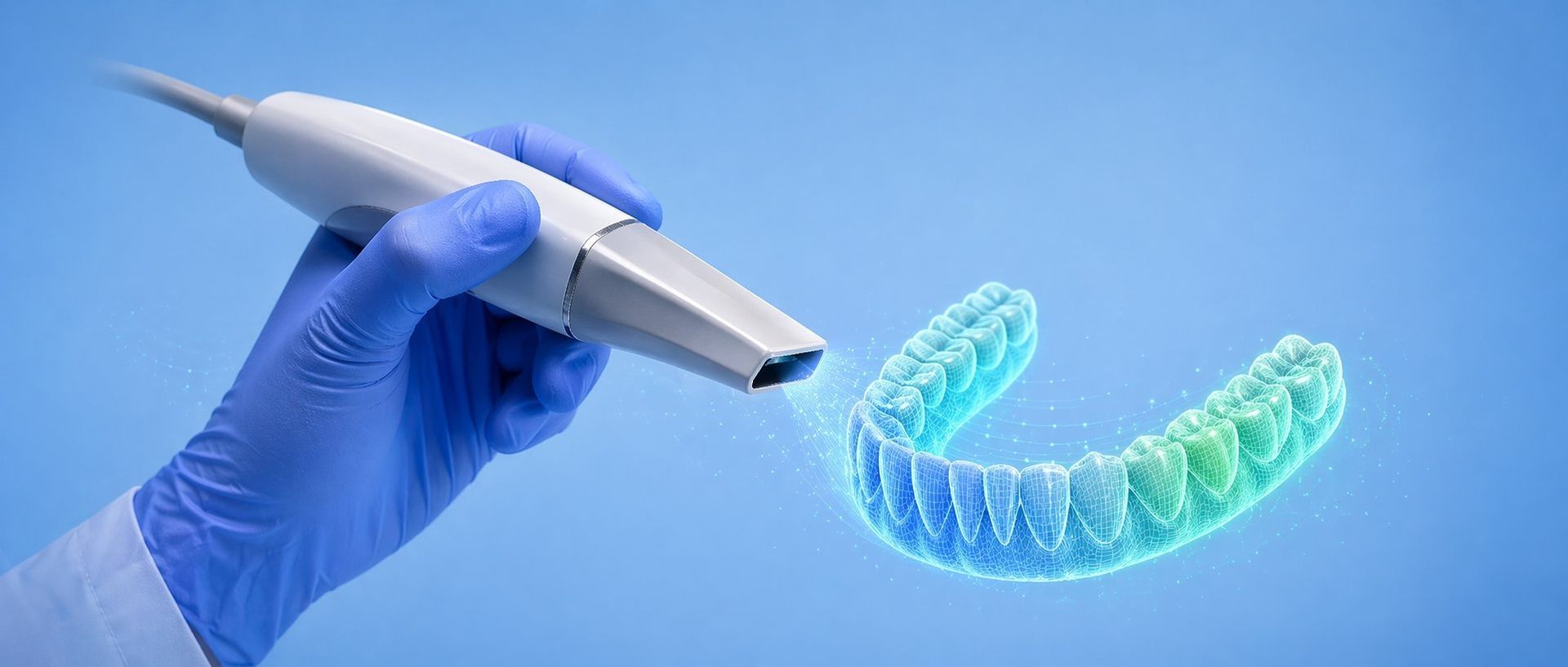Modern intraoral dental scanner capturing a digital impression of a lower arch, shown as a holograph