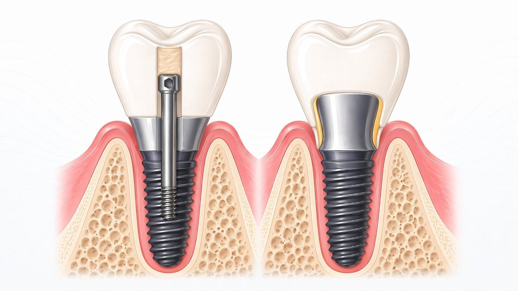 Cross-section comparison of a screw-retained implant crown and a cement-retained implant crown
