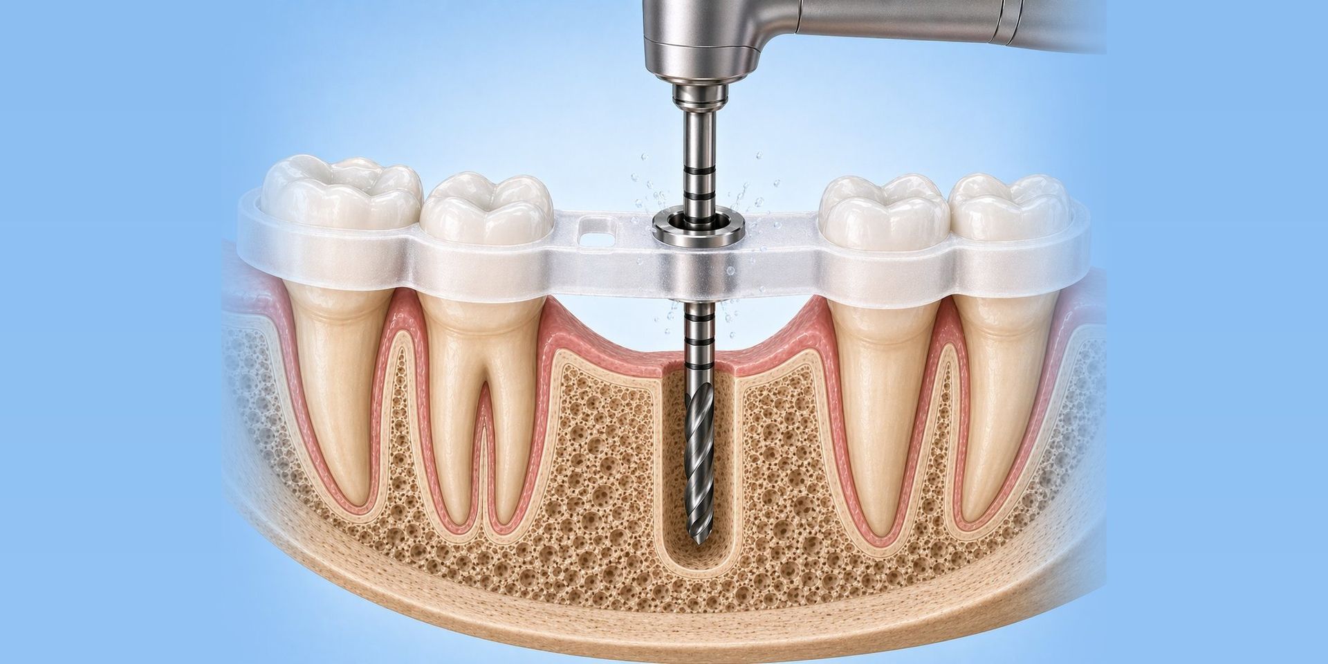 Cross-section illustration of a 3D-printed dental surgical guide with an embedded drill sleeve guidi