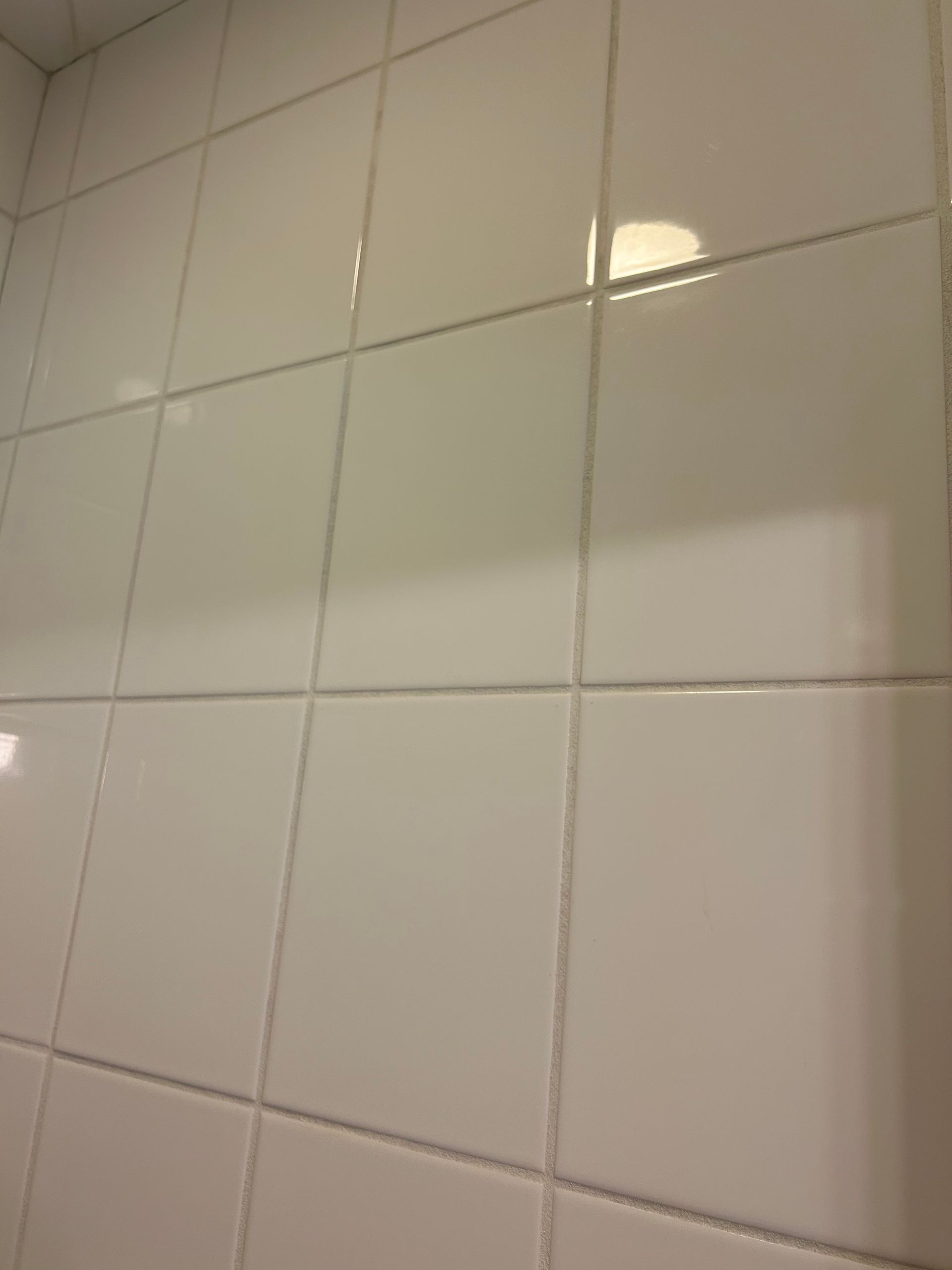 White tiled shower wall with gray grout.