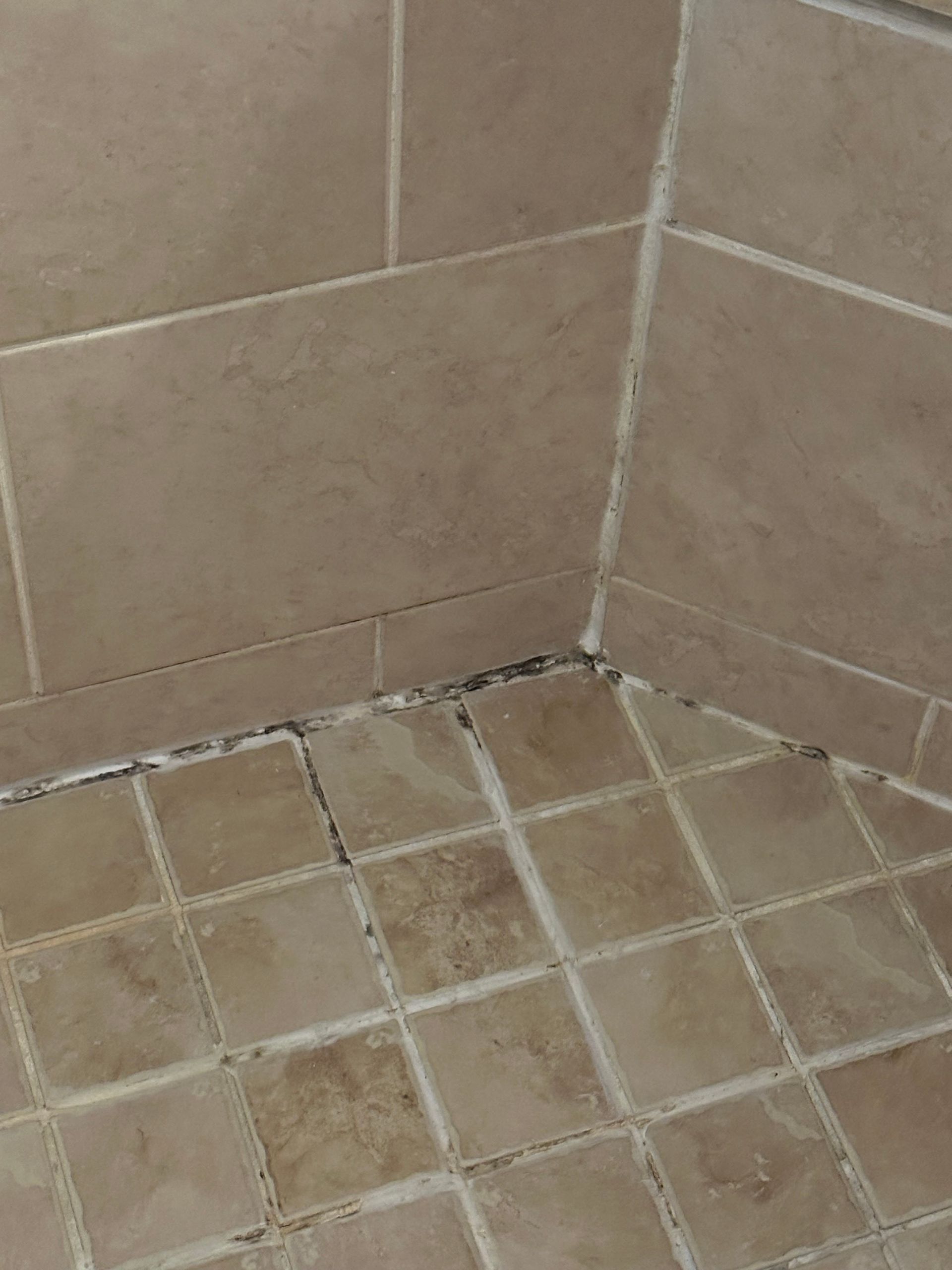 A close up of a tiled floor in a bathroom next to a toilet.