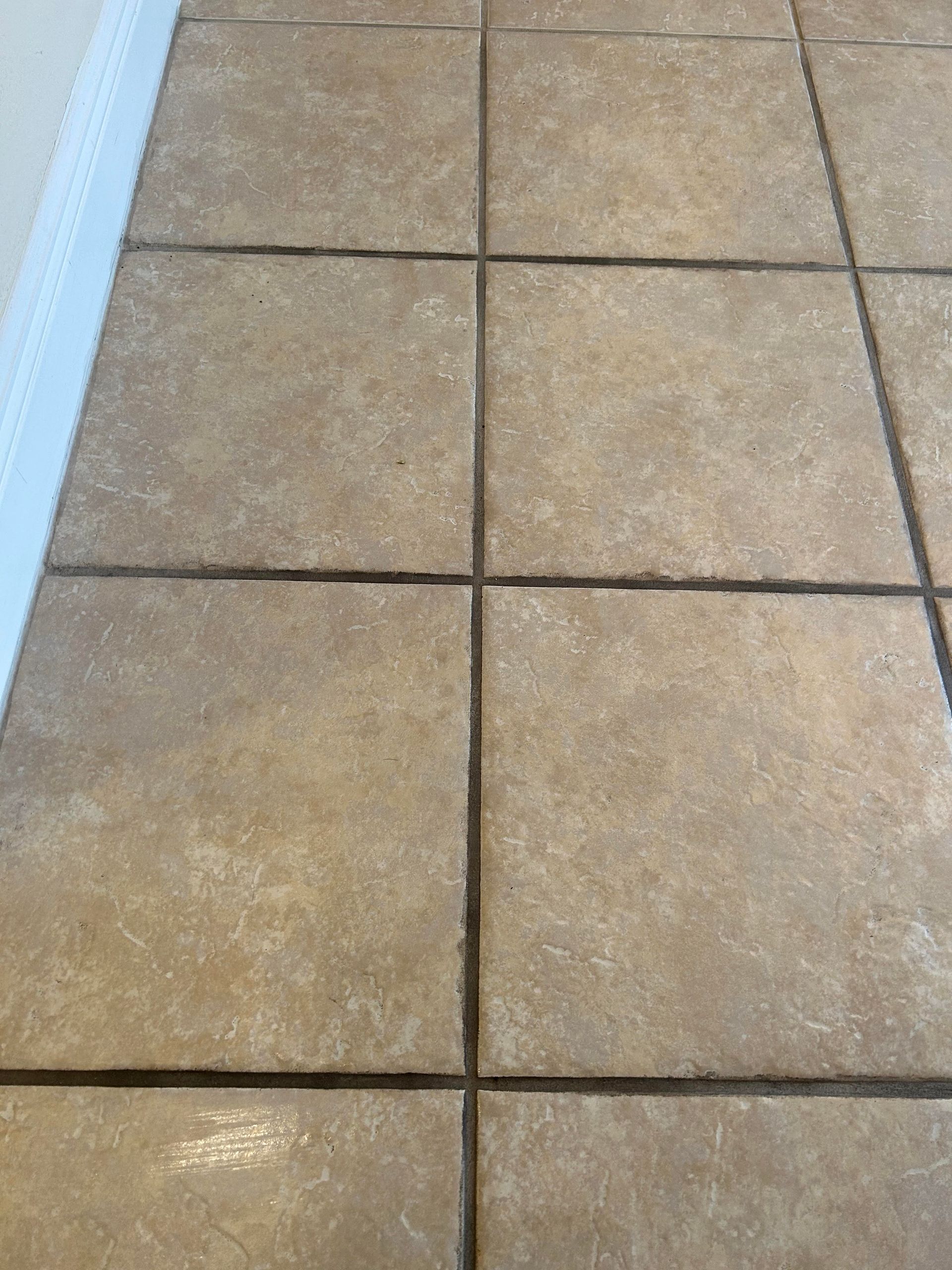 A close up of a tiled floor in a bathroom next to a toilet.