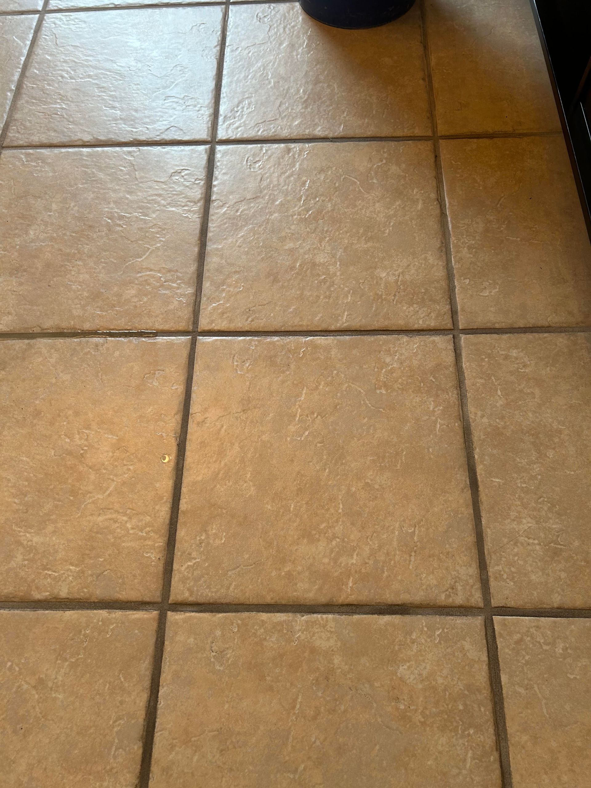 A close up of a tiled floor with a toilet in the background.