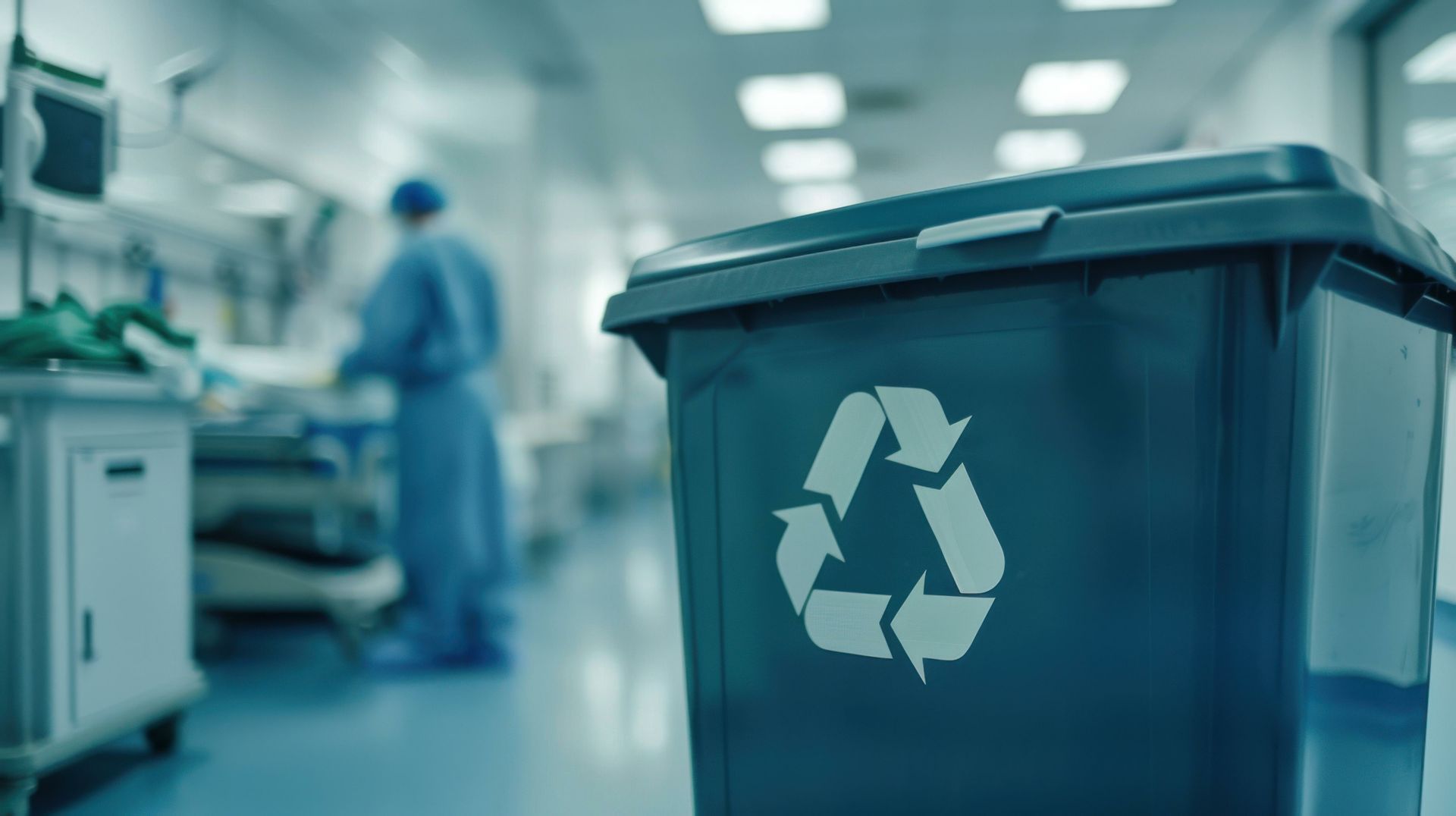 A recycling bin in a hospital with a surgeon in the background.