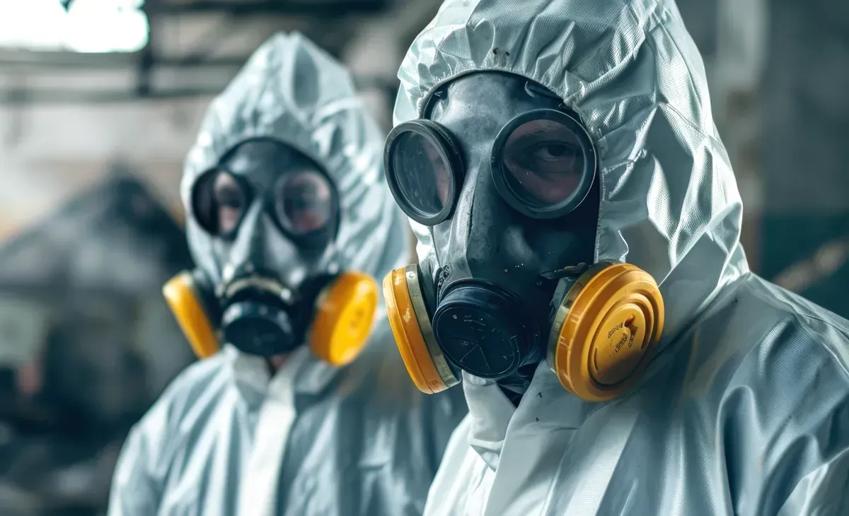 Workers in safety gear and gas masks