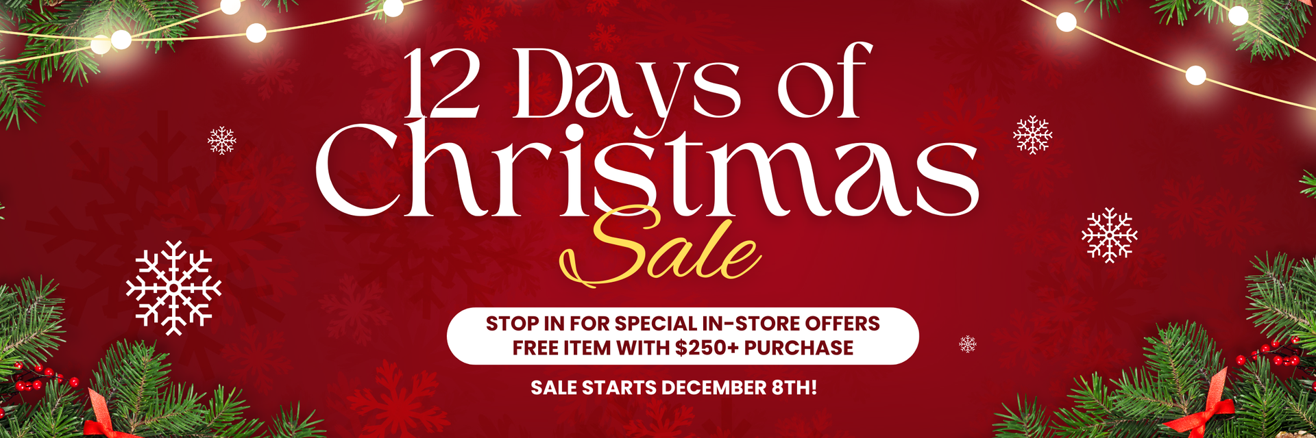 12 Days of Christmas sale on a red background with garland and lights.
