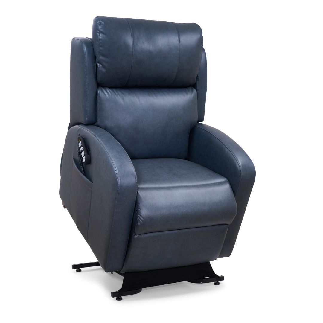 Blue leather lift chair with remote control, designed for ease of use.
