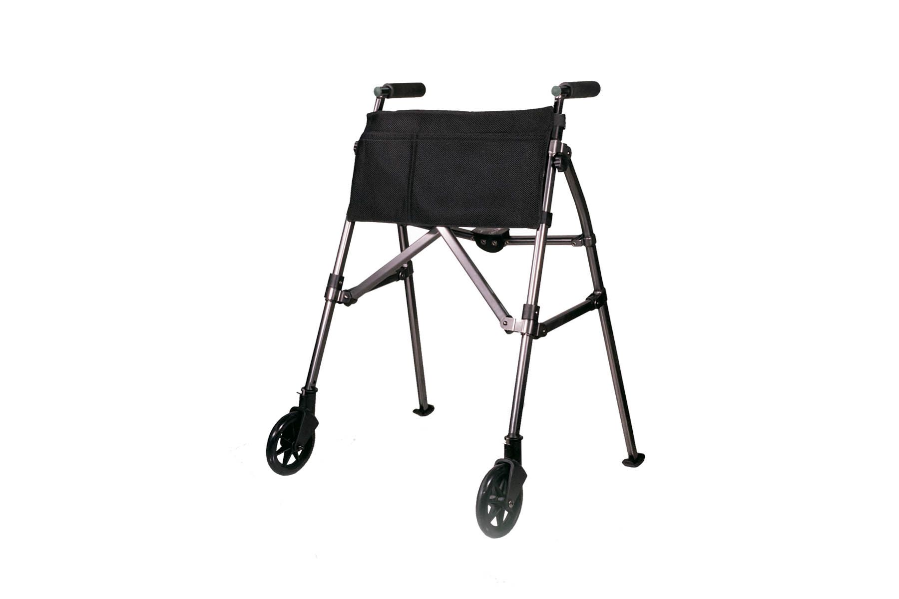 A metallic gray folding walker with black seat and wheels; designed for mobility assistance.