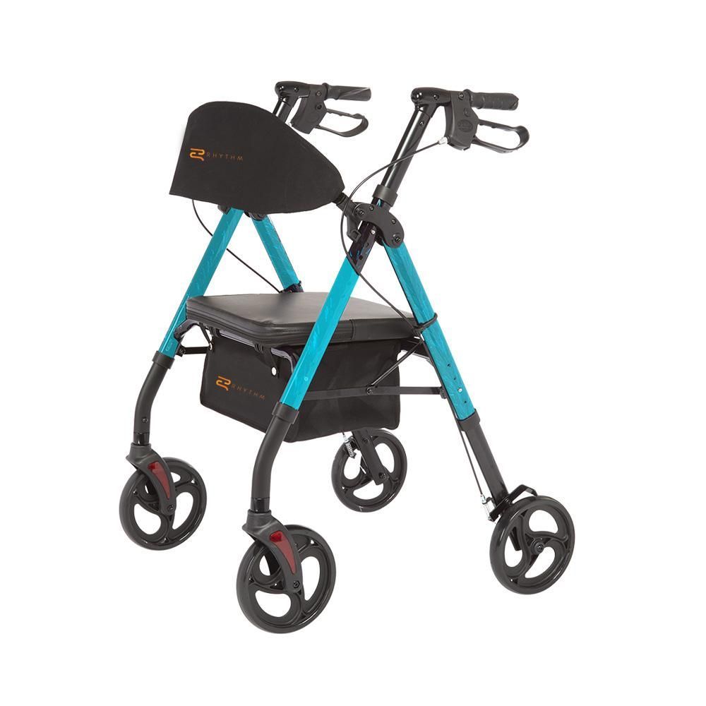 Blue and black rolling walker with a seat and backrest, for mobility assistance.