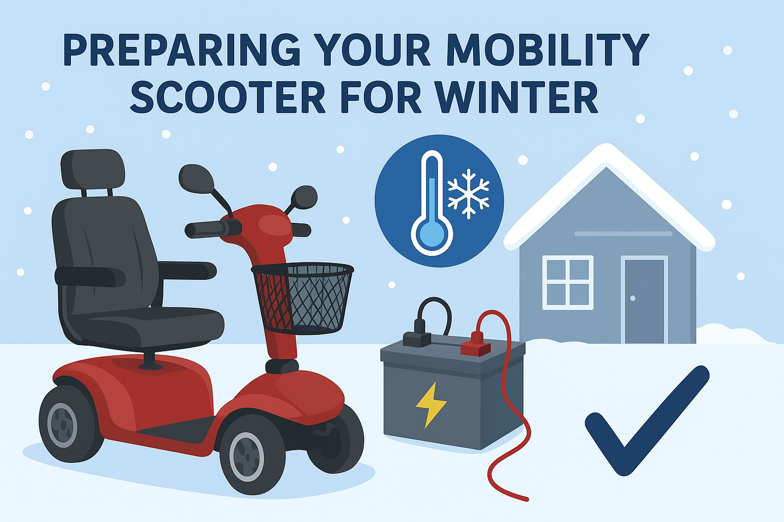Red mobility scooter with battery and winter prep infographic: house, temperature, checkmark.