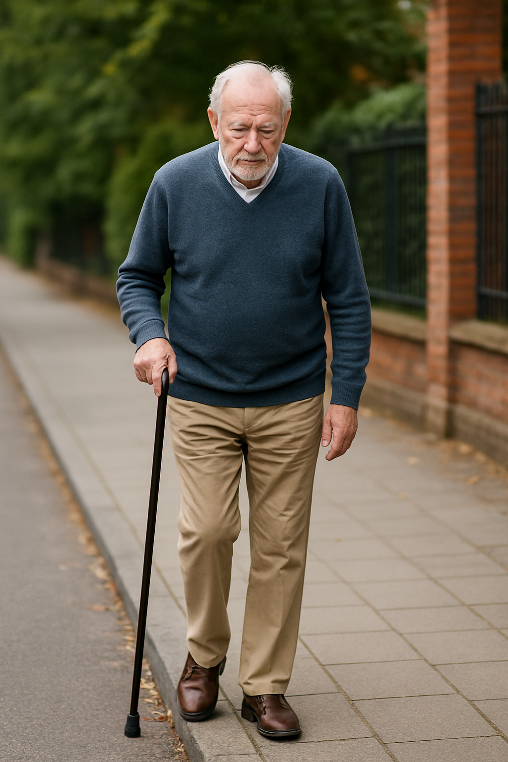 Older man with a cane walking on a sidewalk. He wears a blue sweater, khaki pants, and brown shoes.