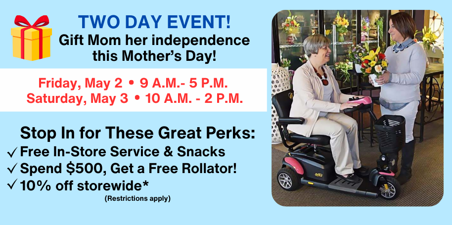 An advertisement for a two day event with a picture of woman in a mobility scooter.