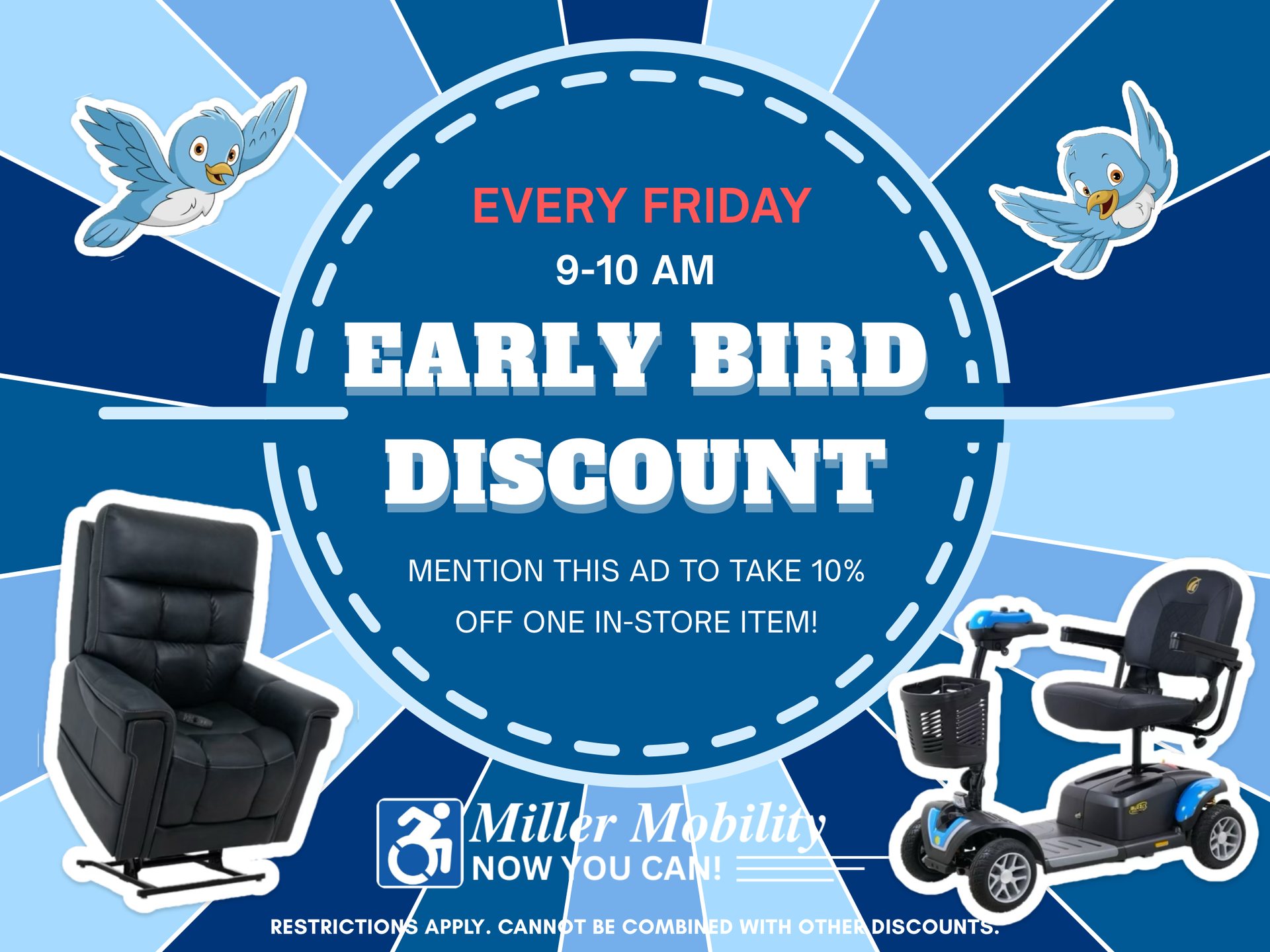 Christmas sale at Miller Mobility: 10% off everything, December 16th-23rd. Includes a lift chair and scooter.