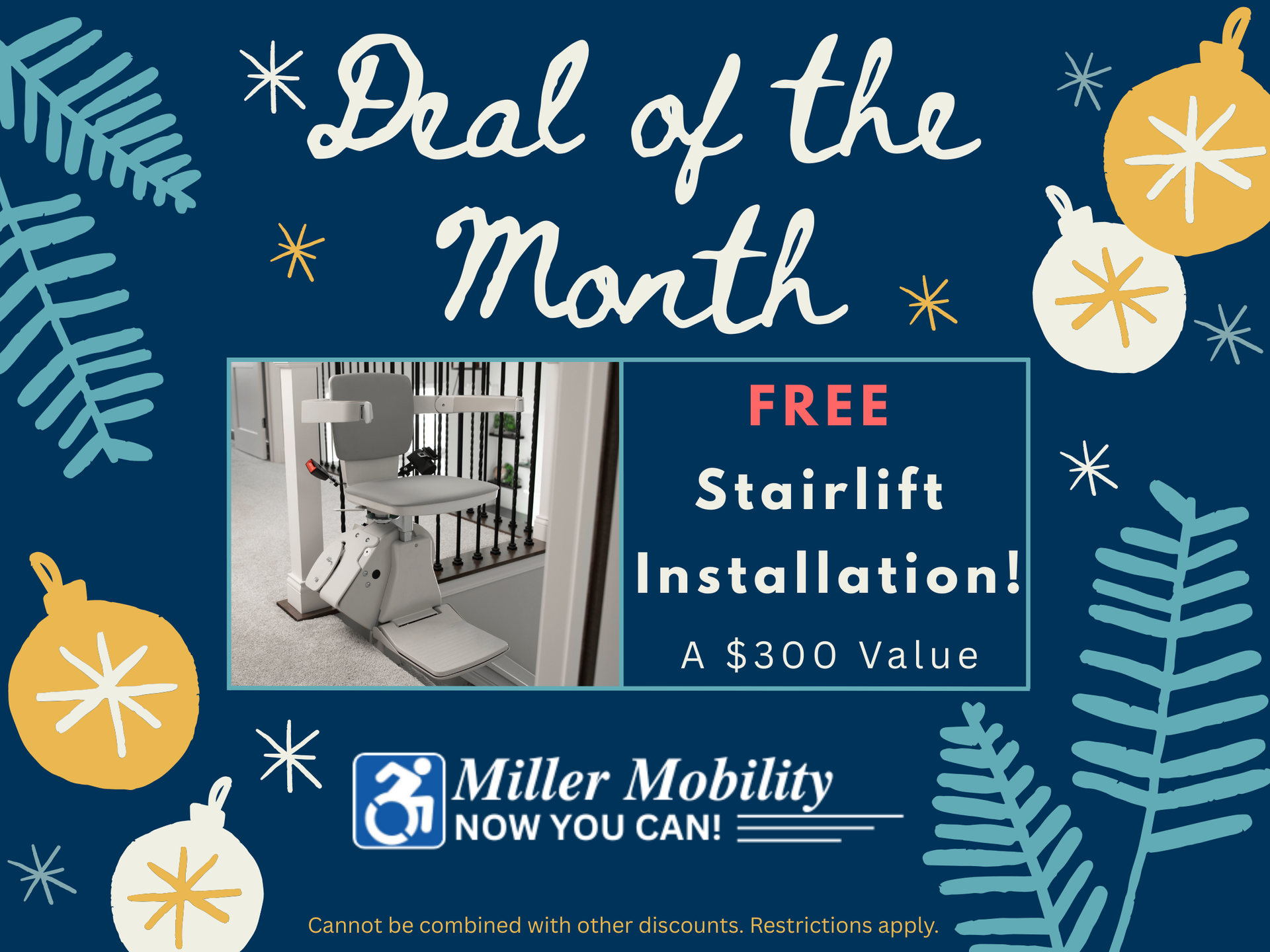 Christmas sale ad for Miller Mobility: 10% off everything, December 16-23. Features a lift chair and scooter.